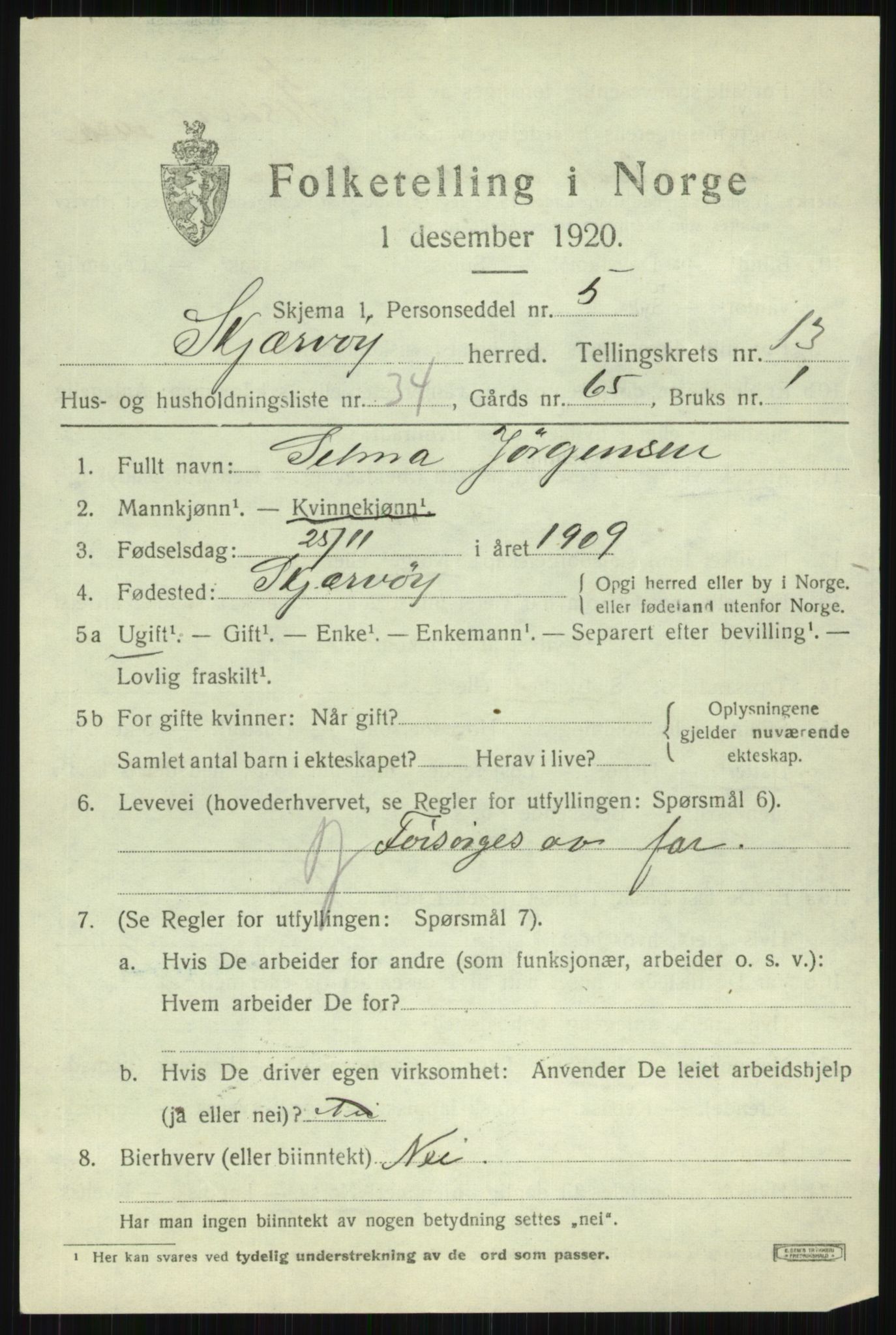 SATØ, 1920 census for Skjervøy, 1920, p. 6821