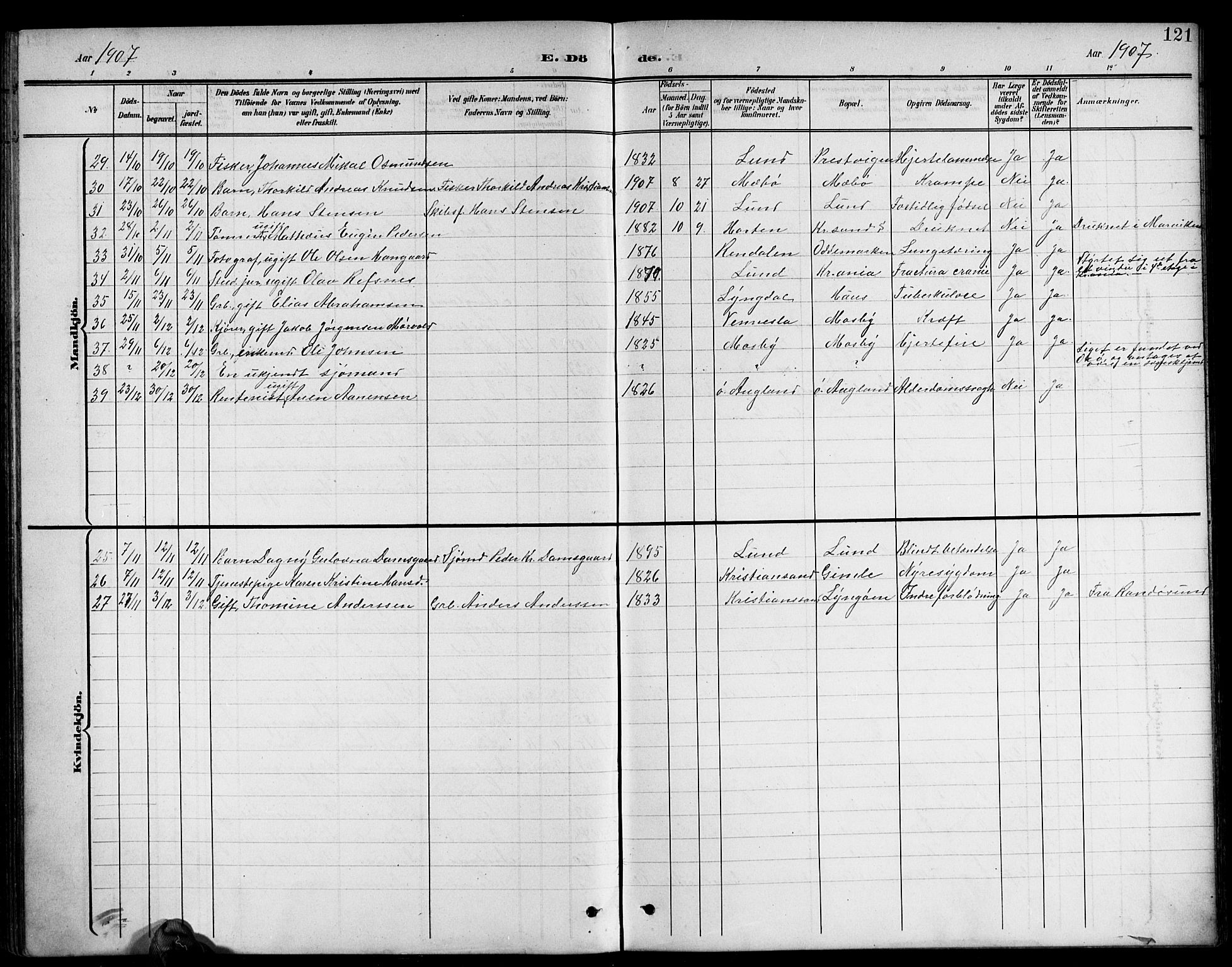 Oddernes sokneprestkontor, AV/SAK-1111-0033/F/Fb/Fba/L0009: Parish register (copy) no. B 9, 1899-1923, p. 121