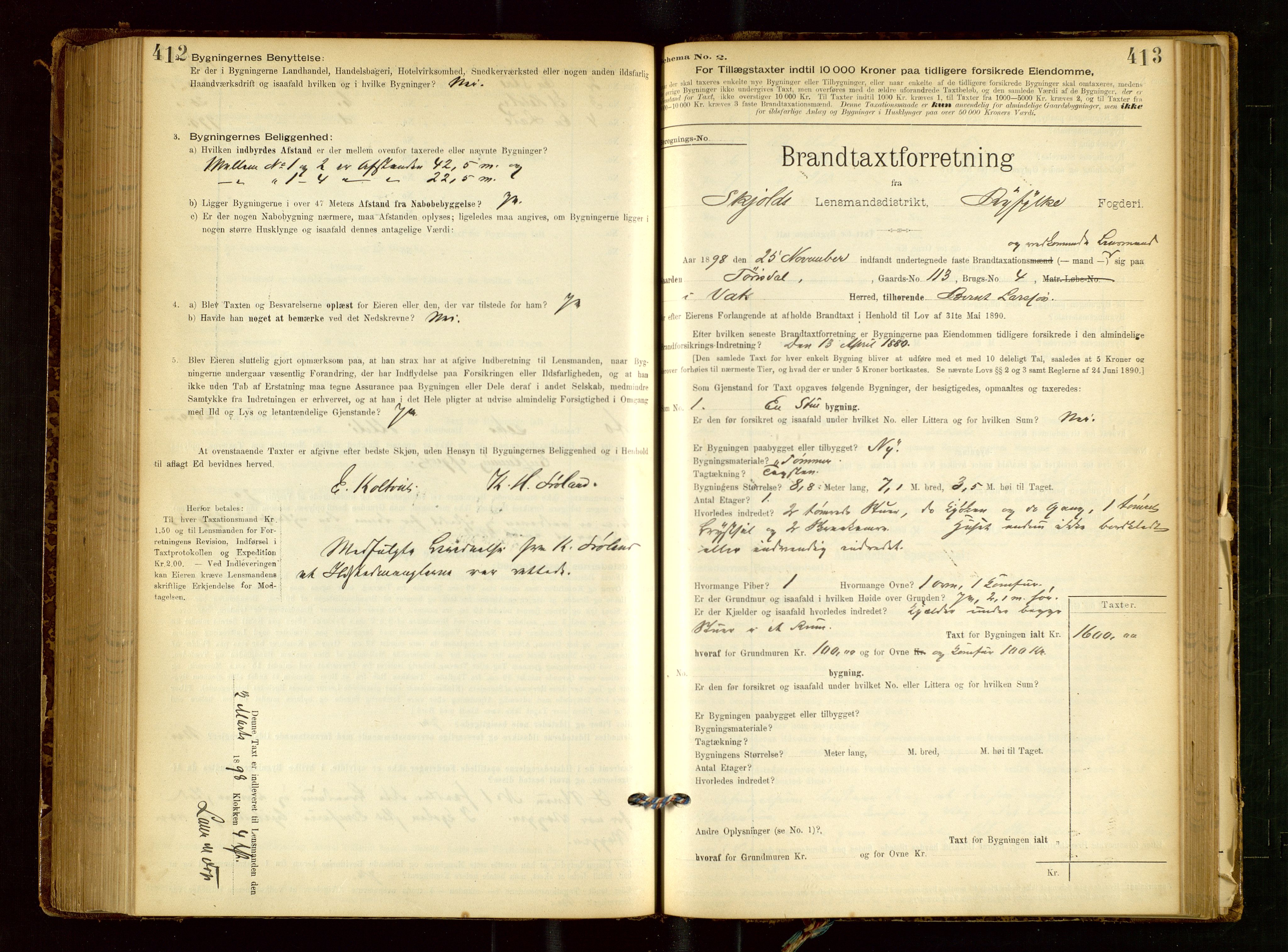 Skjold lensmannskontor, SAST/A-100182/Gob/L0001: "Brandtaxationsprotokol for Skjold Lensmandsdistrikt Ryfylke Fogderi", 1894-1939, p. 412-413