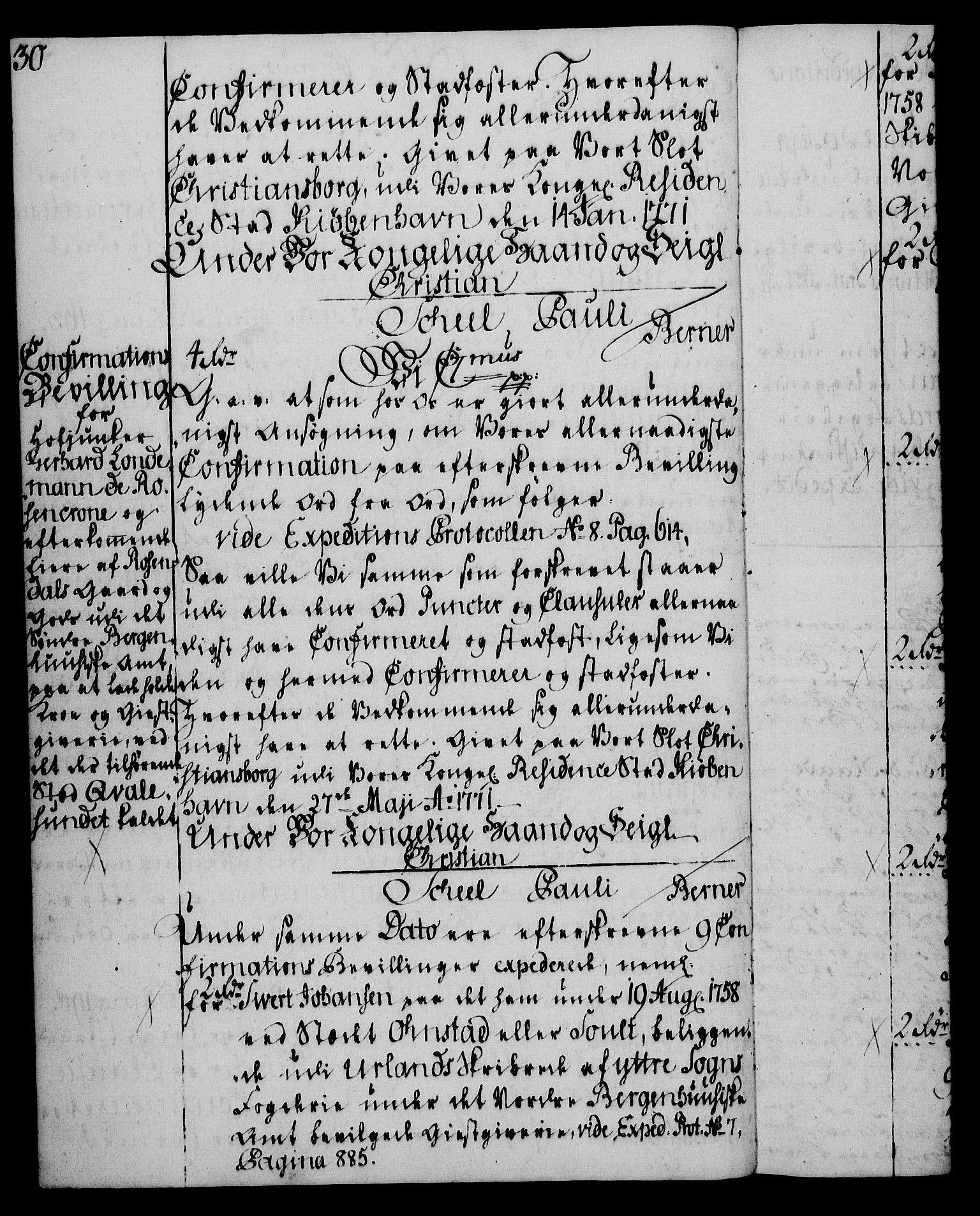 Rentekammeret, Kammerkanselliet, RA/EA-3111/G/Gg/Ggc/Ggca/L0002: Norsk konfirmasjonsekspedisjonsprotokoll med register (merket RK 53.24), 1766-1772, p. 30