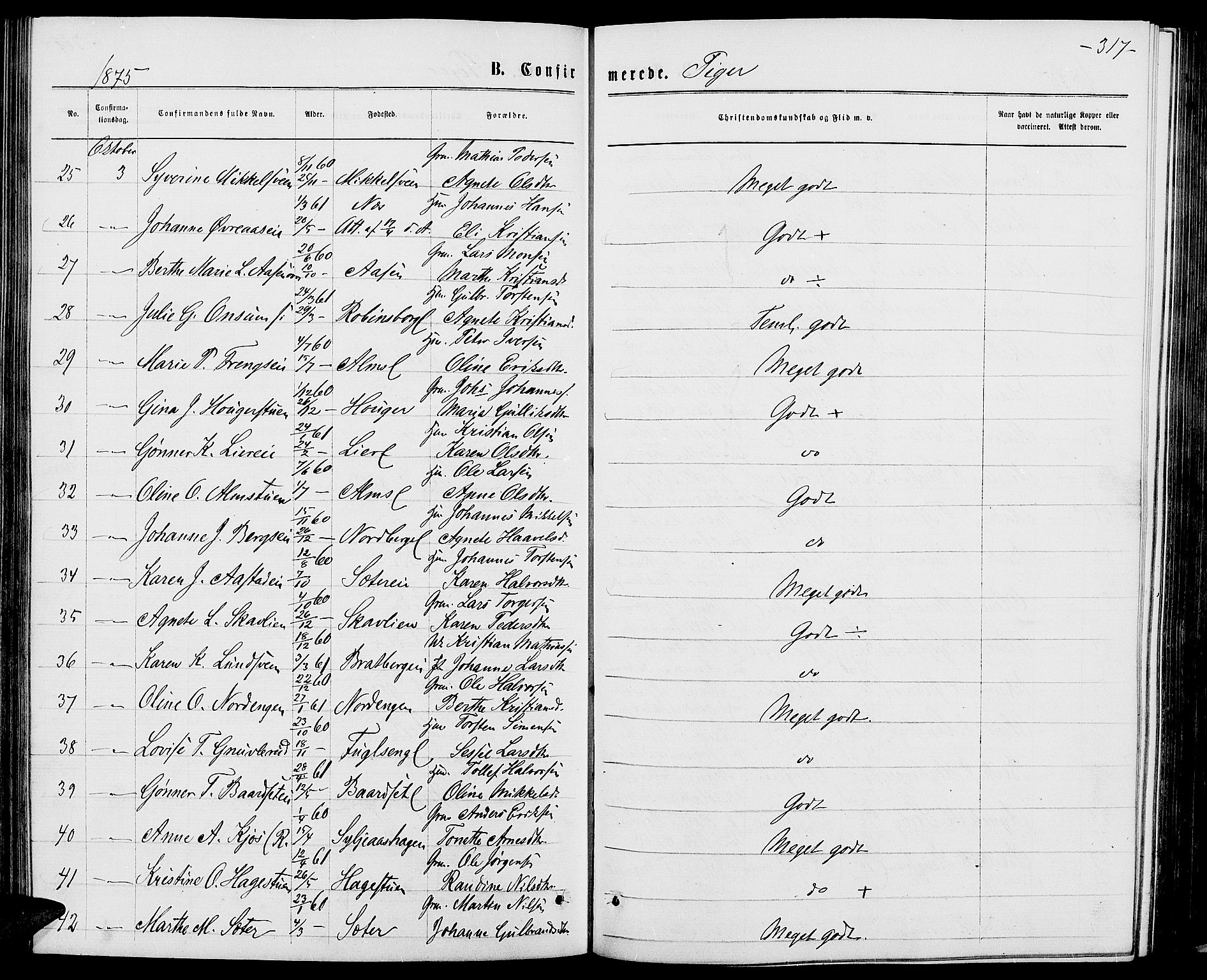 Ringsaker prestekontor, AV/SAH-PREST-014/L/La/L0008: Parish register (copy) no. 8, 1870-1878, p. 317