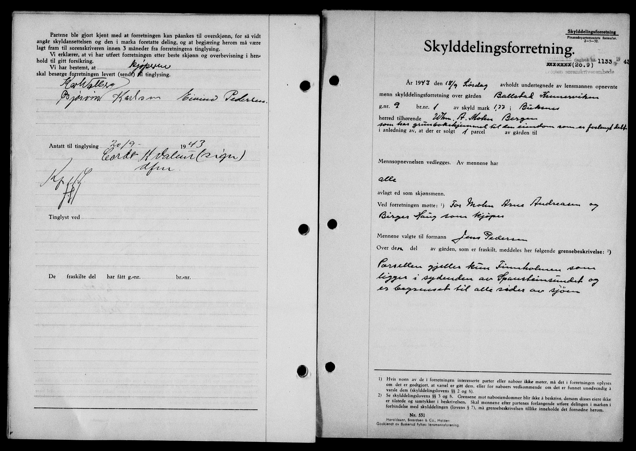 Lofoten sorenskriveri, SAT/A-0017/1/2/2C/L0011a: Mortgage book no. 11a, 1943-1943, Diary no: : 1133/1943