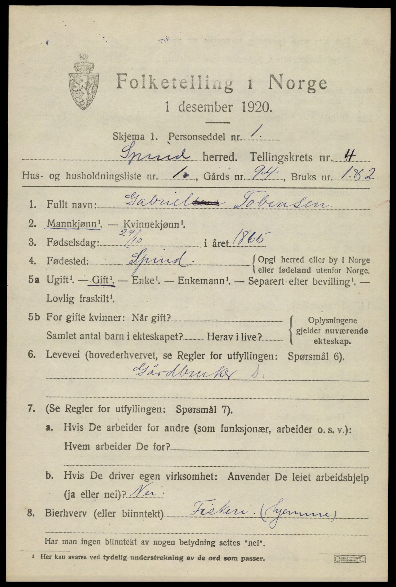 SAK, 1920 census for Spind, 1920, p. 2191