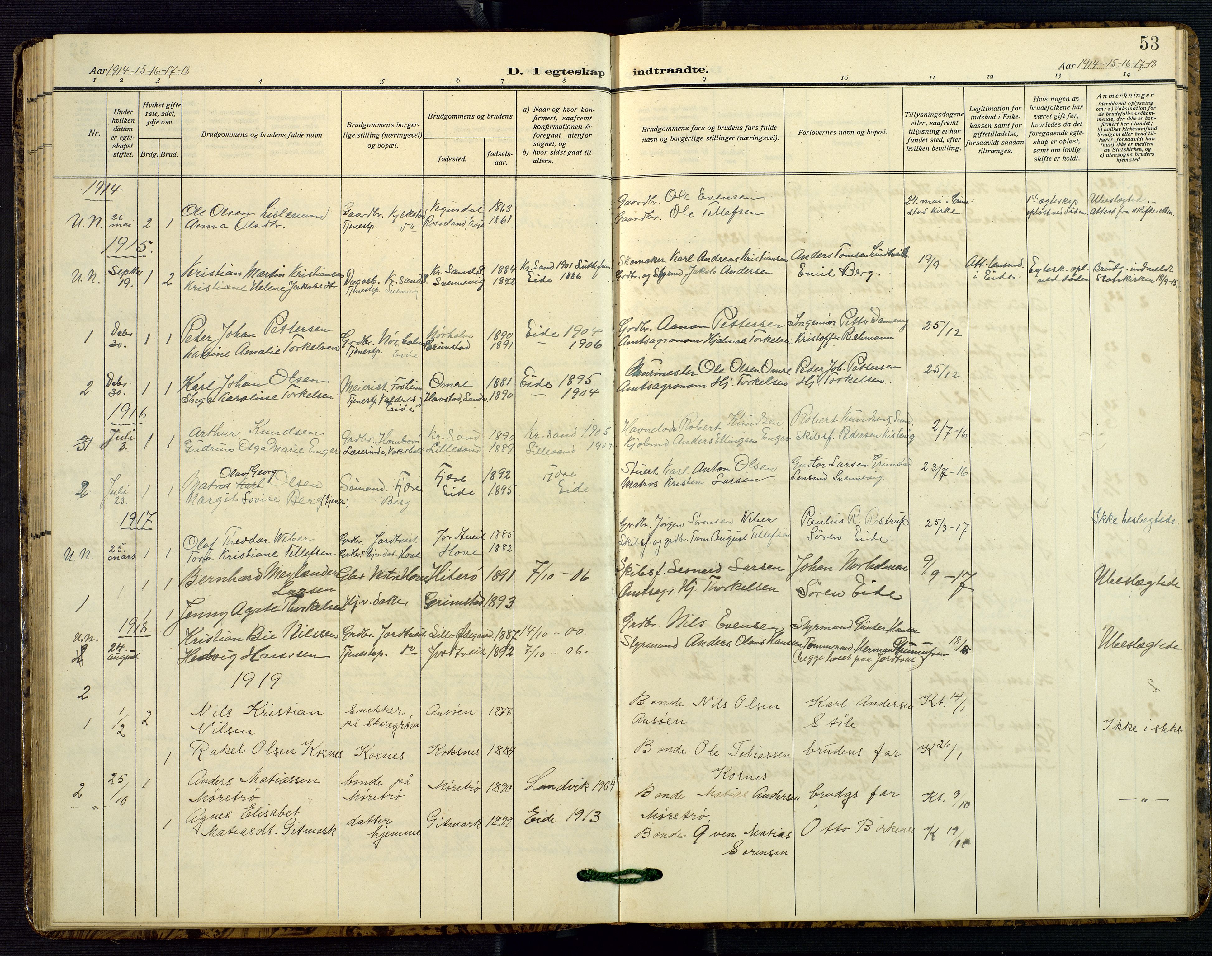 Hommedal sokneprestkontor, SAK/1111-0023/F/Fb/Fba/L0005: Parish register (copy) no. B 5, 1909-1957, p. 53