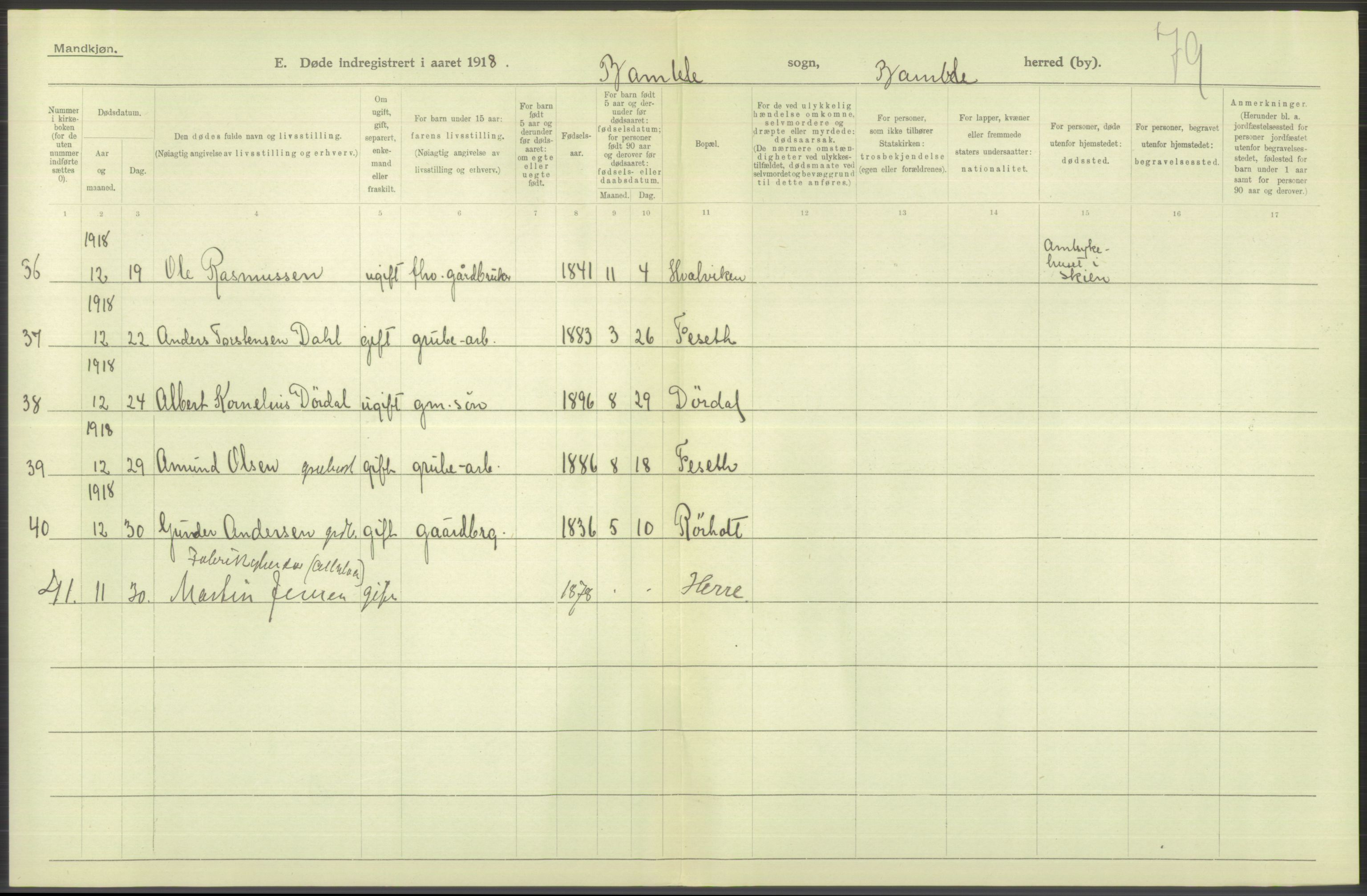 Statistisk sentralbyrå, Sosiodemografiske emner, Befolkning, AV/RA-S-2228/D/Df/Dfb/Dfbh/L0026: Telemark fylke: Døde. Bygder og byer., 1918, p. 362