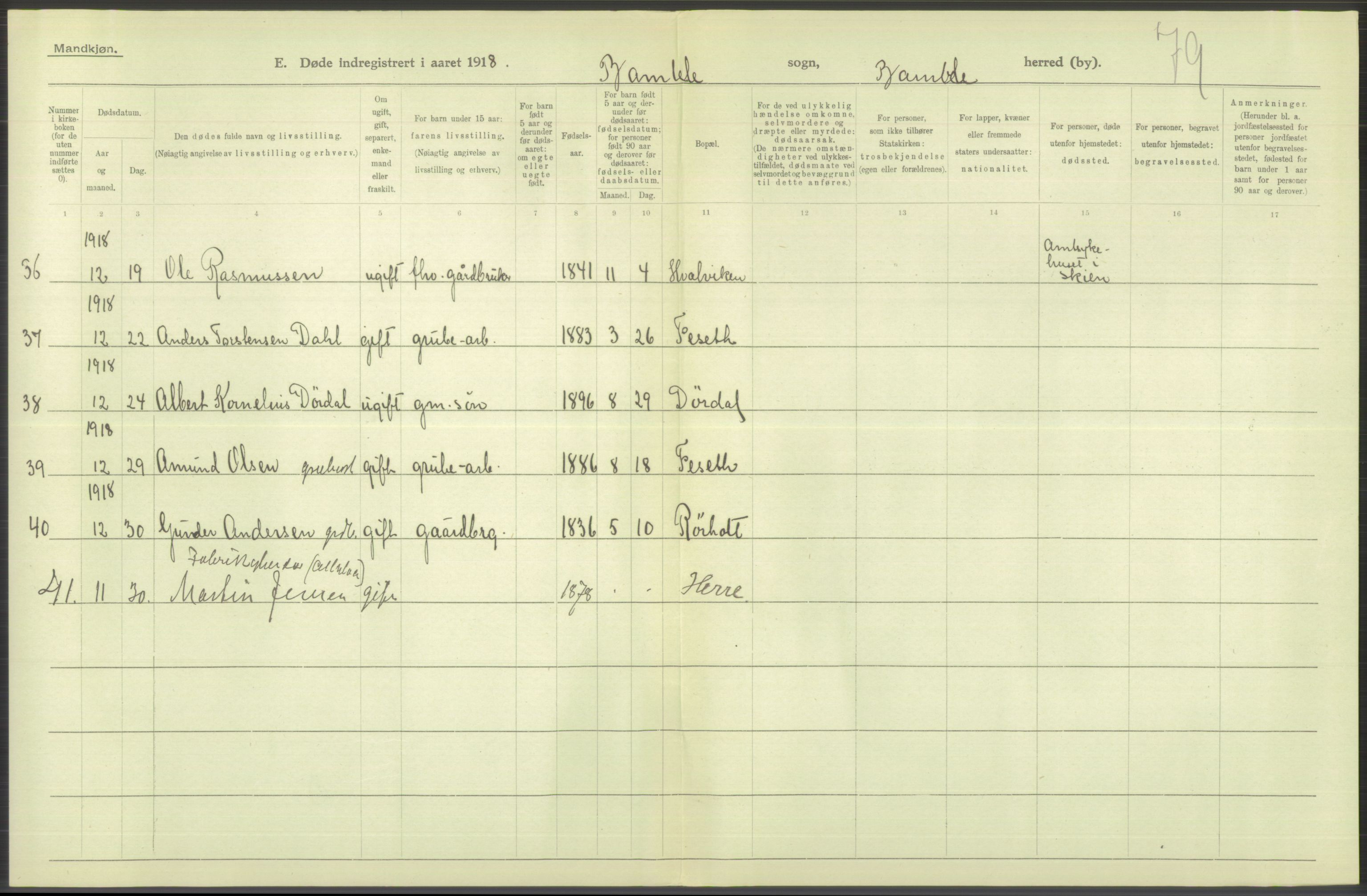 Statistisk sentralbyrå, Sosiodemografiske emner, Befolkning, AV/RA-S-2228/D/Df/Dfb/Dfbh/L0026: Telemark fylke: Døde. Bygder og byer., 1918, p. 362