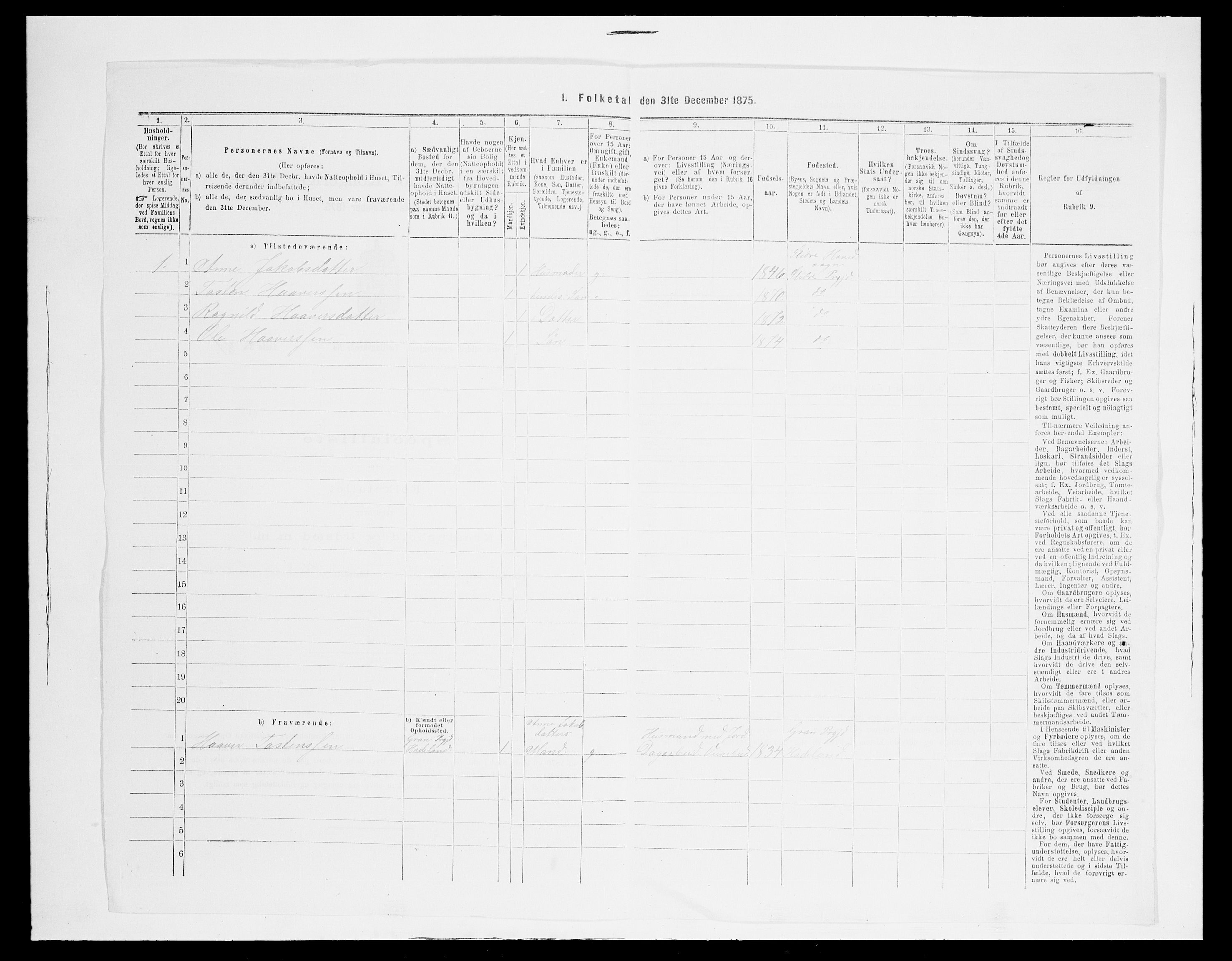 SAH, 1875 census for 0543P Vestre Slidre, 1875, p. 535