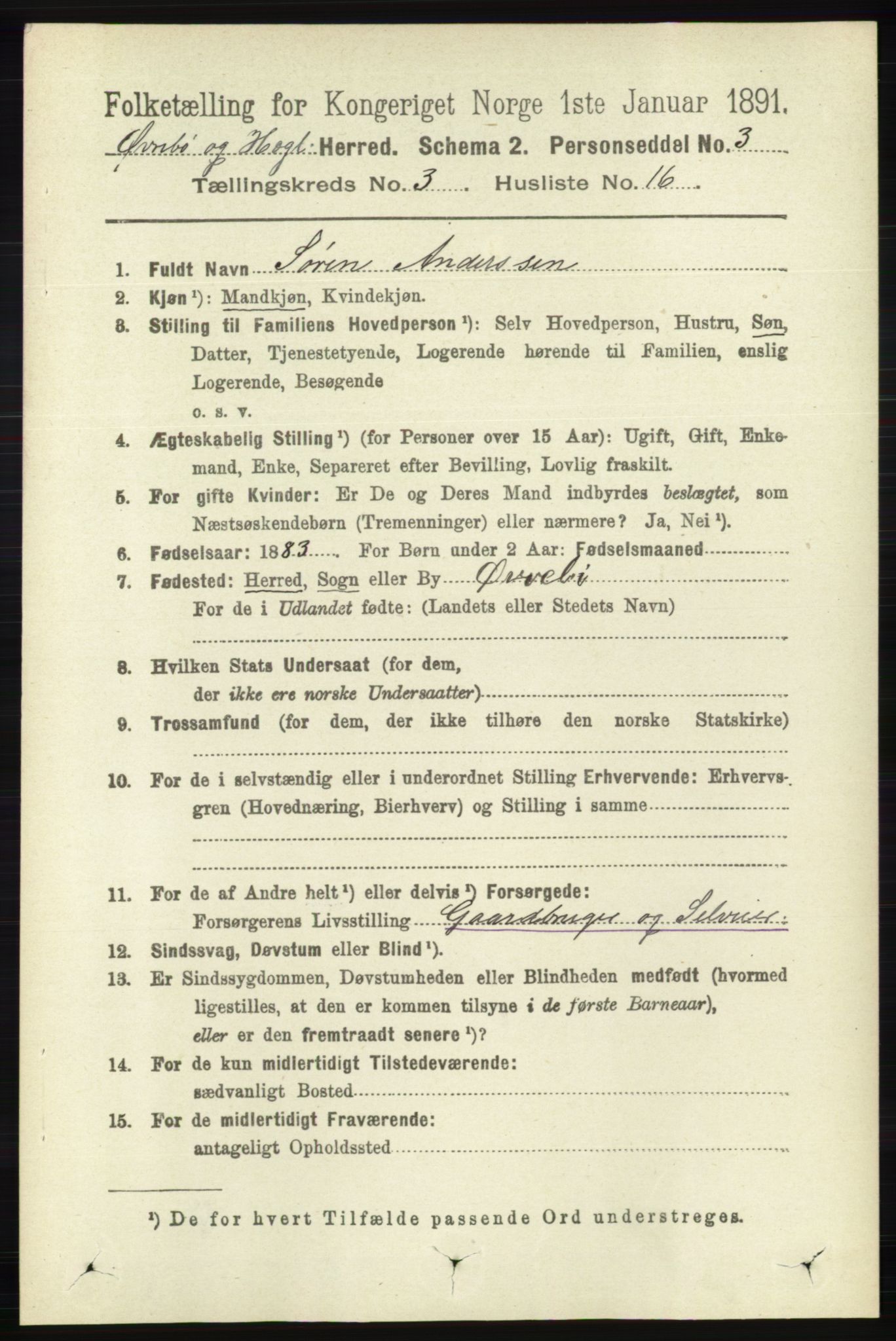 RA, 1891 census for 1016 Øvrebø og Hægeland, 1891, p. 606