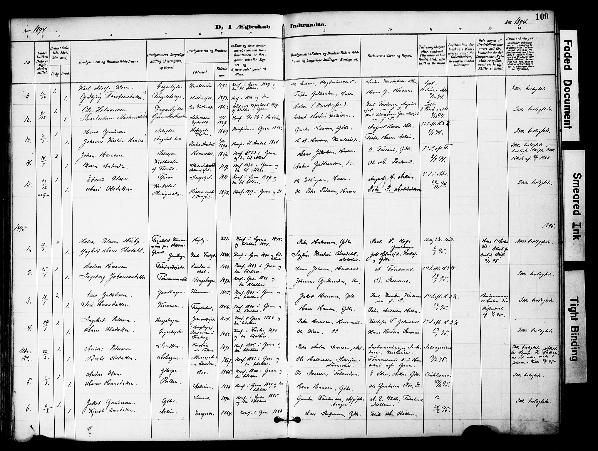 Brandbu prestekontor, SAH/PREST-114/H/Ha/Hab/L0006: Parish register (copy) no. 6, 1893-1902, p. 109
