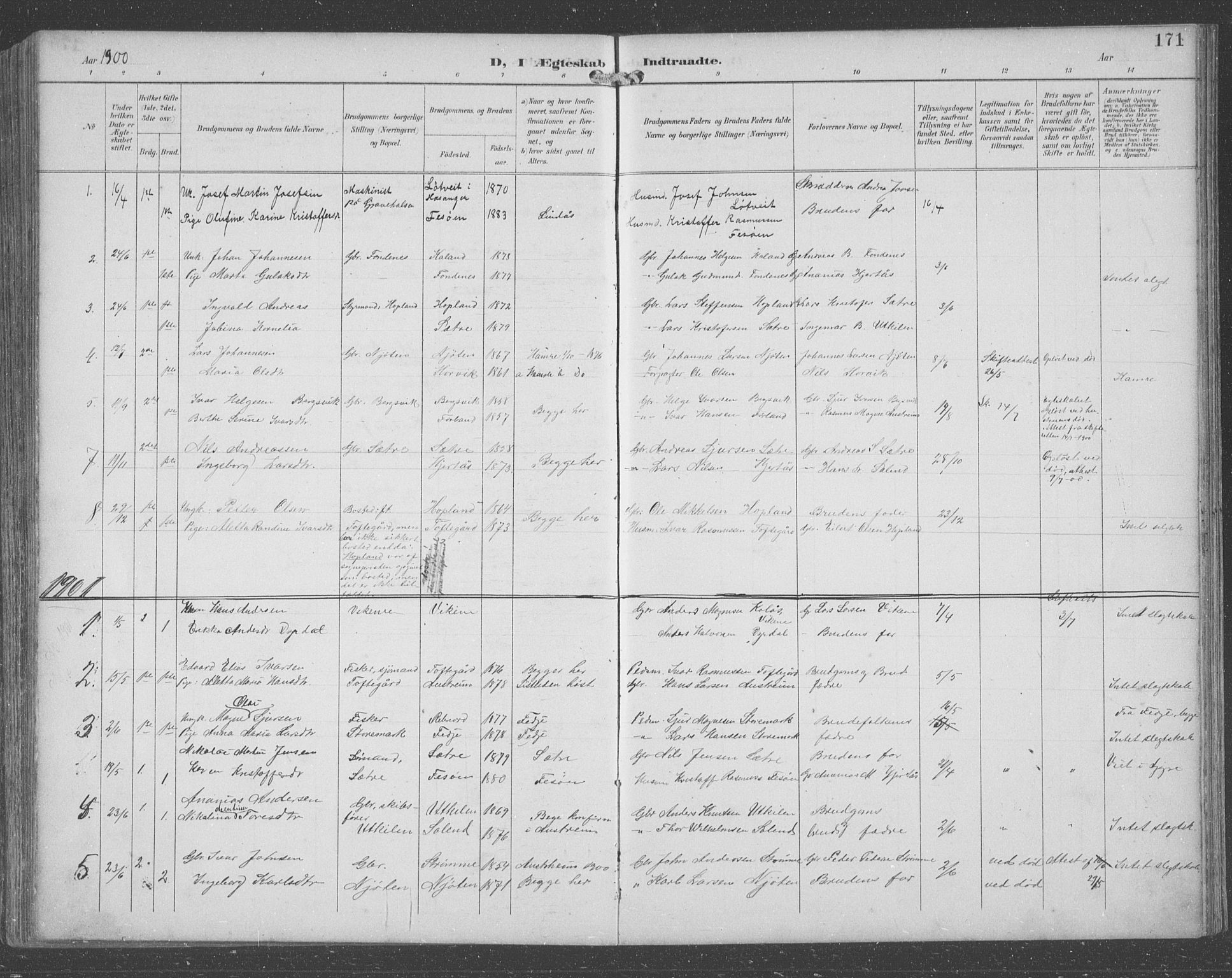 Lindås Sokneprestembete, SAB/A-76701/H/Hab: Parish register (copy) no. C 4, 1894-1910, p. 171