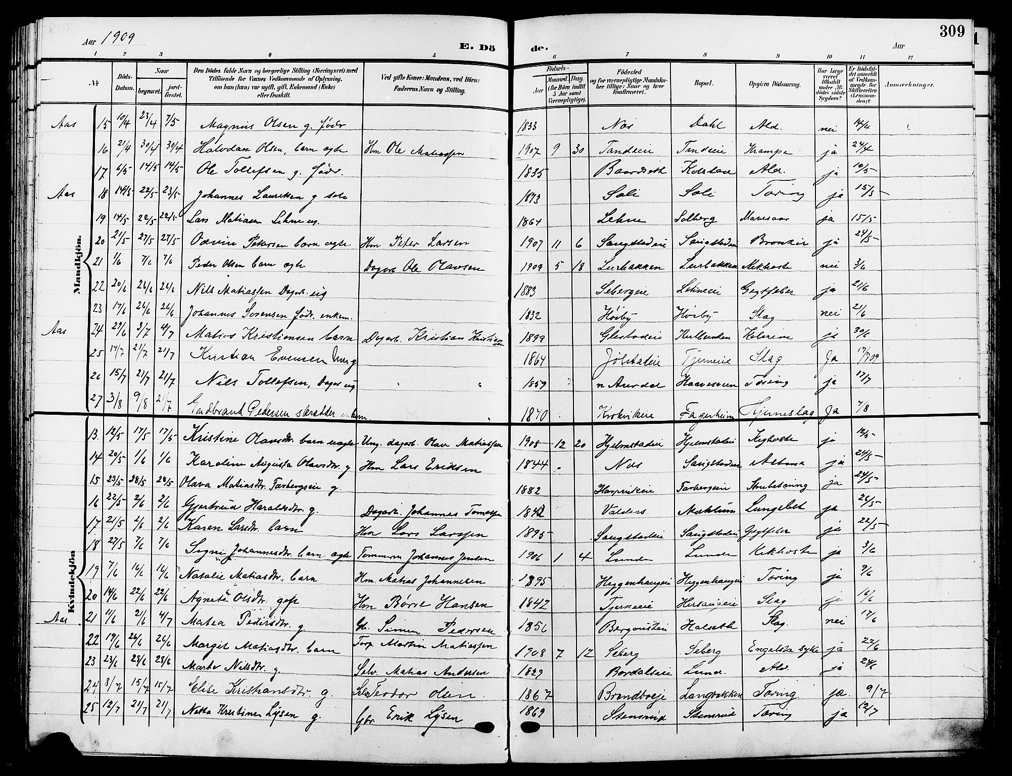 Ringsaker prestekontor, AV/SAH-PREST-014/L/La/L0015: Parish register (copy) no. 15, 1903-1912, p. 309