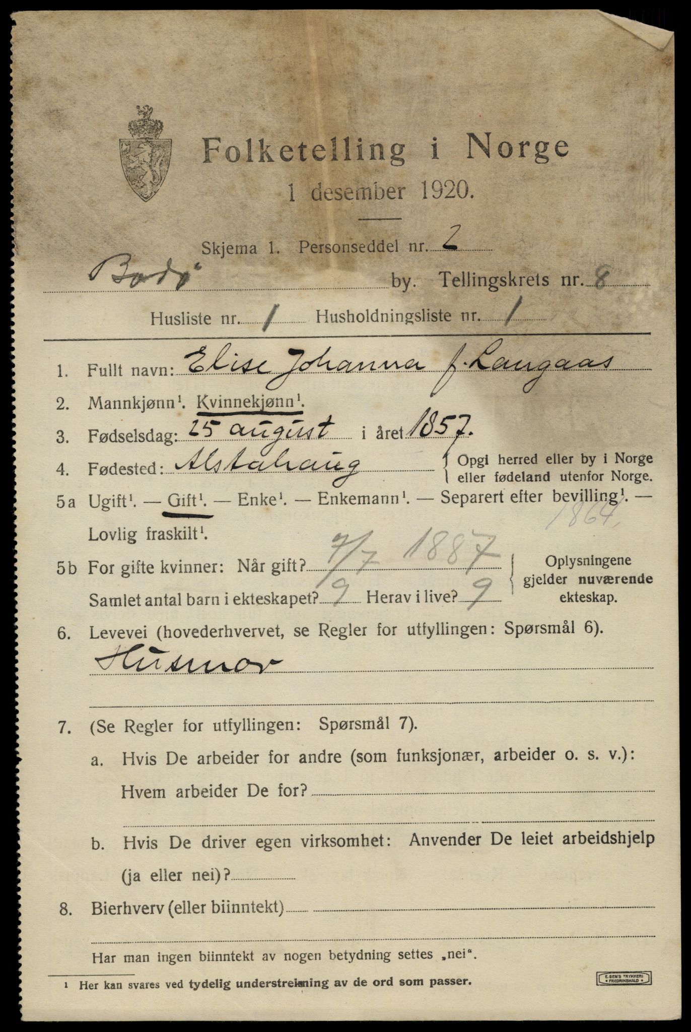 SAT, 1920 census for Bodø, 1920, p. 12133