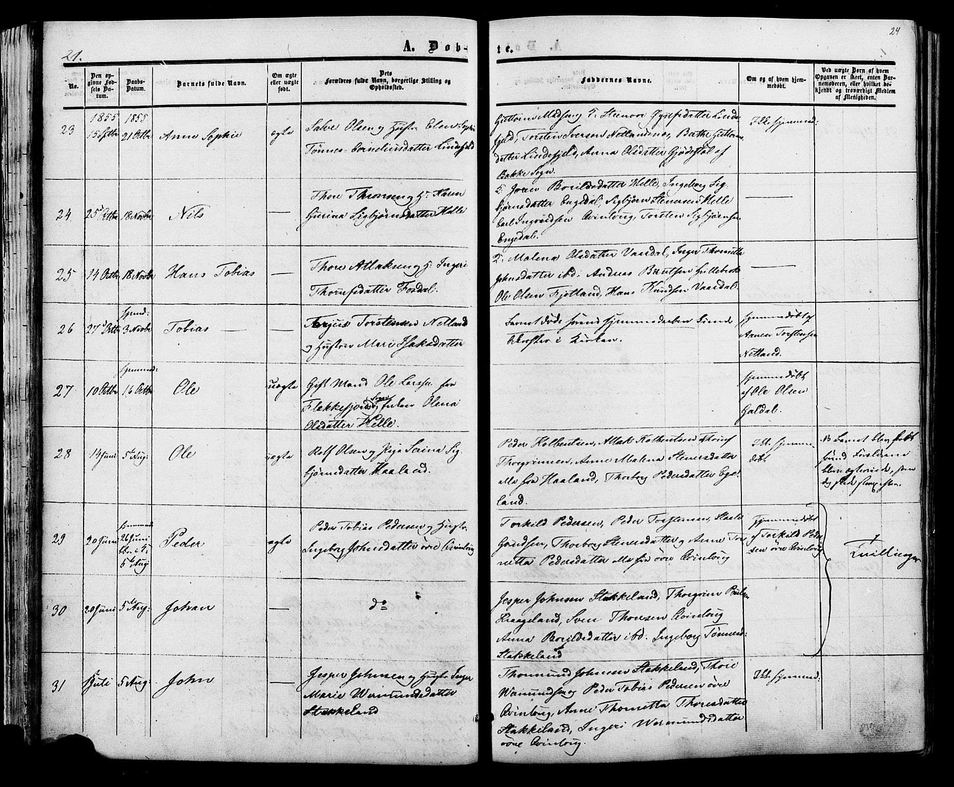 Fjotland sokneprestkontor, AV/SAK-1111-0010/F/Fa/L0001: Parish register (official) no. A 1, 1850-1879, p. 24