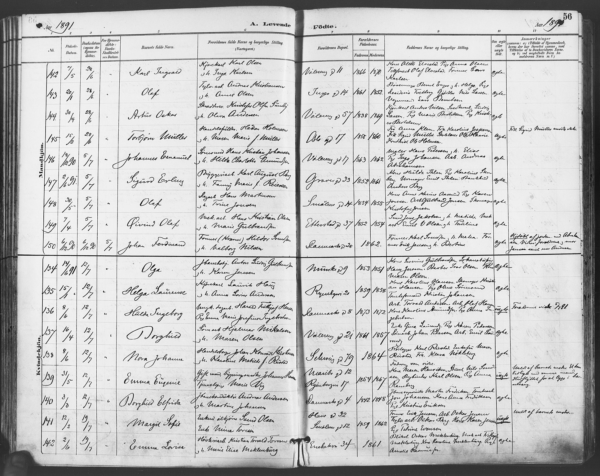 Gamlebyen prestekontor Kirkebøker, SAO/A-10884/F/Fa/L0007: Parish register (official) no. 7, 1889-1899, p. 56