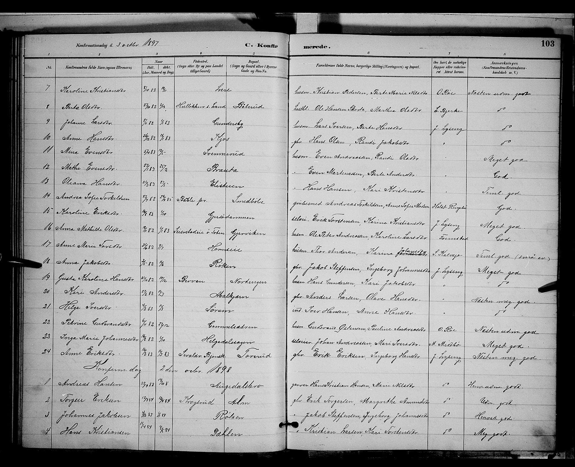 Gran prestekontor, SAH/PREST-112/H/Ha/Hab/L0004: Parish register (copy) no. 4, 1890-1899, p. 103