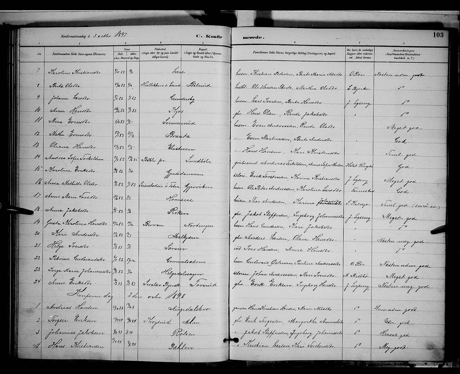 Gran prestekontor, AV/SAH-PREST-112/H/Ha/Hab/L0004: Parish register (copy) no. 4, 1890-1899, p. 103