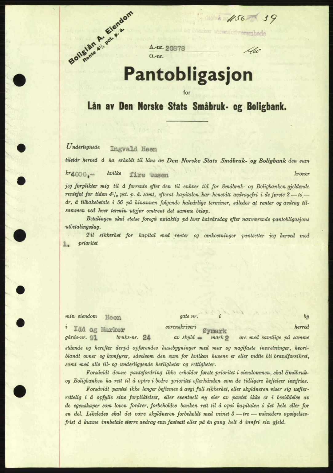 Idd og Marker sorenskriveri, AV/SAO-A-10283/G/Gb/Gbc/L0002: Mortgage book no. B4-9a, 1939-1945, Diary no: : 1156/1939