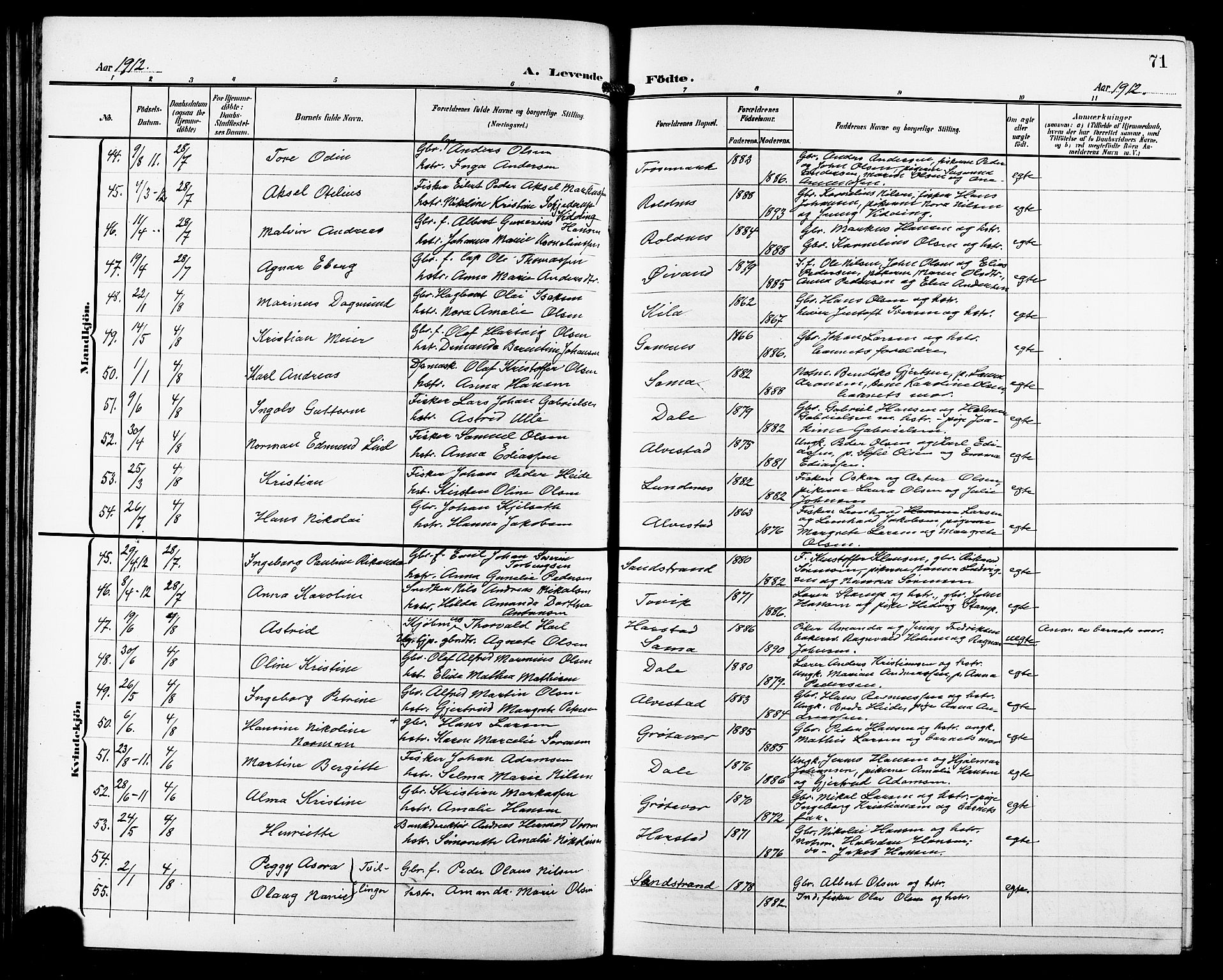 Trondenes sokneprestkontor, AV/SATØ-S-1319/H/Hb/L0012klokker: Parish register (copy) no. 12, 1907-1916, p. 71