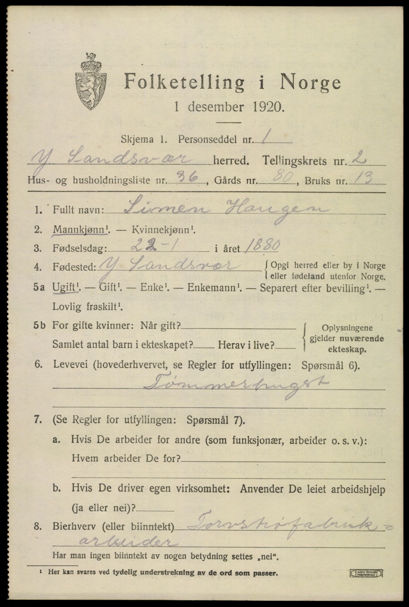 SAKO, 1920 census for Ytre Sandsvær, 1920, p. 3024