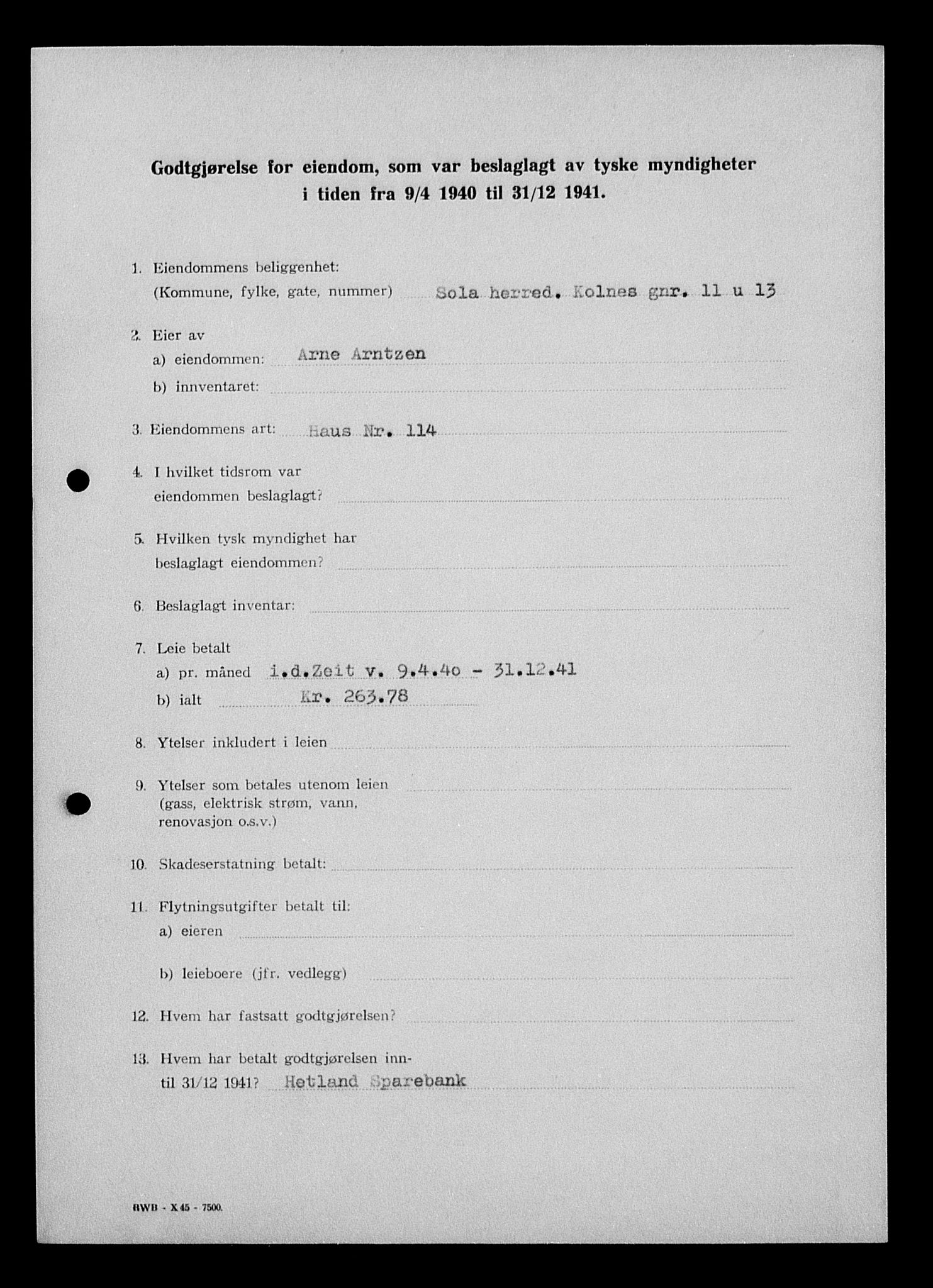 Justisdepartementet, Tilbakeføringskontoret for inndratte formuer, AV/RA-S-1564/I/L1014: Godtgjørelse for beslaglagt eiendom, 1940-1941, p. 169