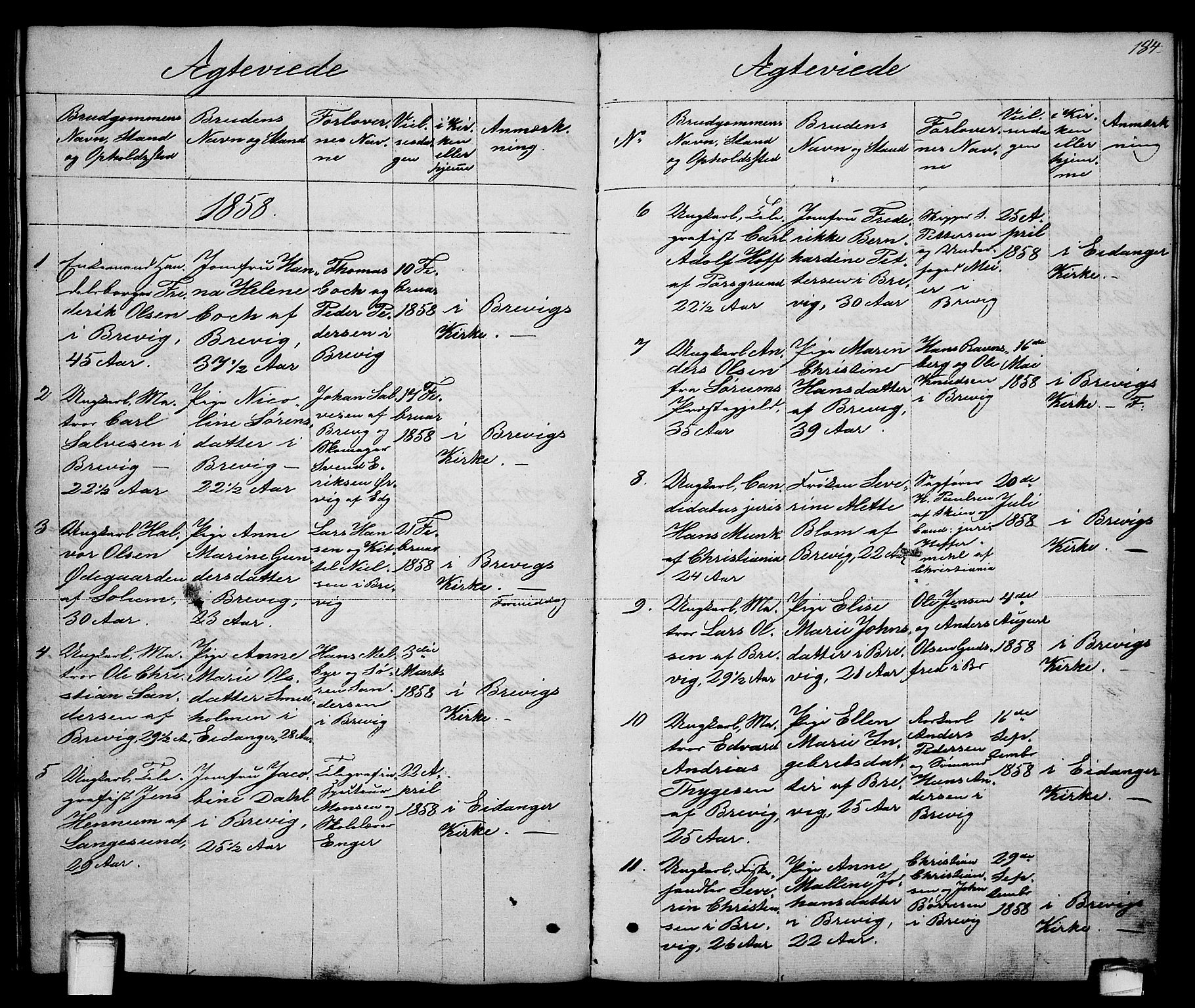 Brevik kirkebøker, SAKO/A-255/G/Ga/L0002: Parish register (copy) no. 2, 1846-1865, p. 184