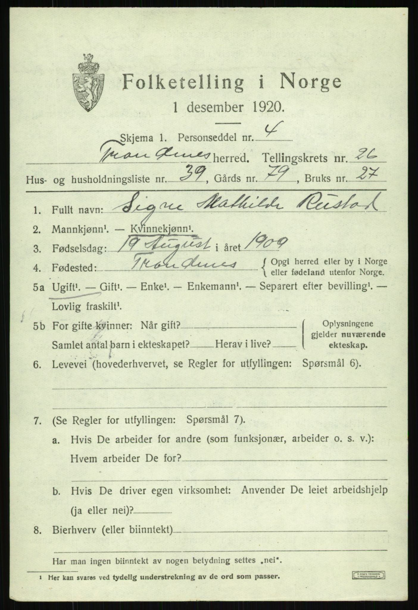 SATØ, 1920 census for Trondenes, 1920, p. 19288