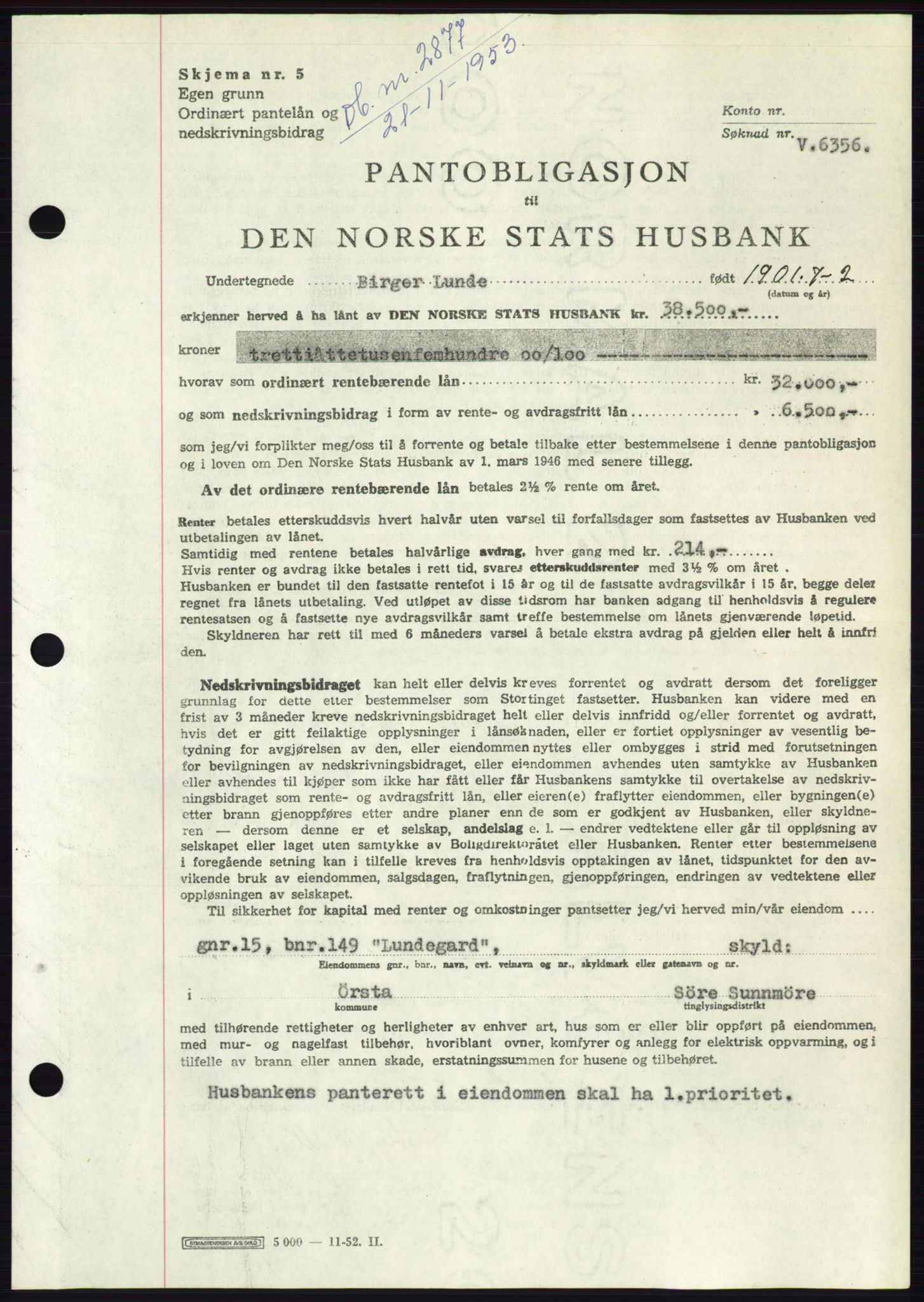 Søre Sunnmøre sorenskriveri, AV/SAT-A-4122/1/2/2C/L0124: Mortgage book no. 12B, 1953-1954, Diary no: : 2877/1953