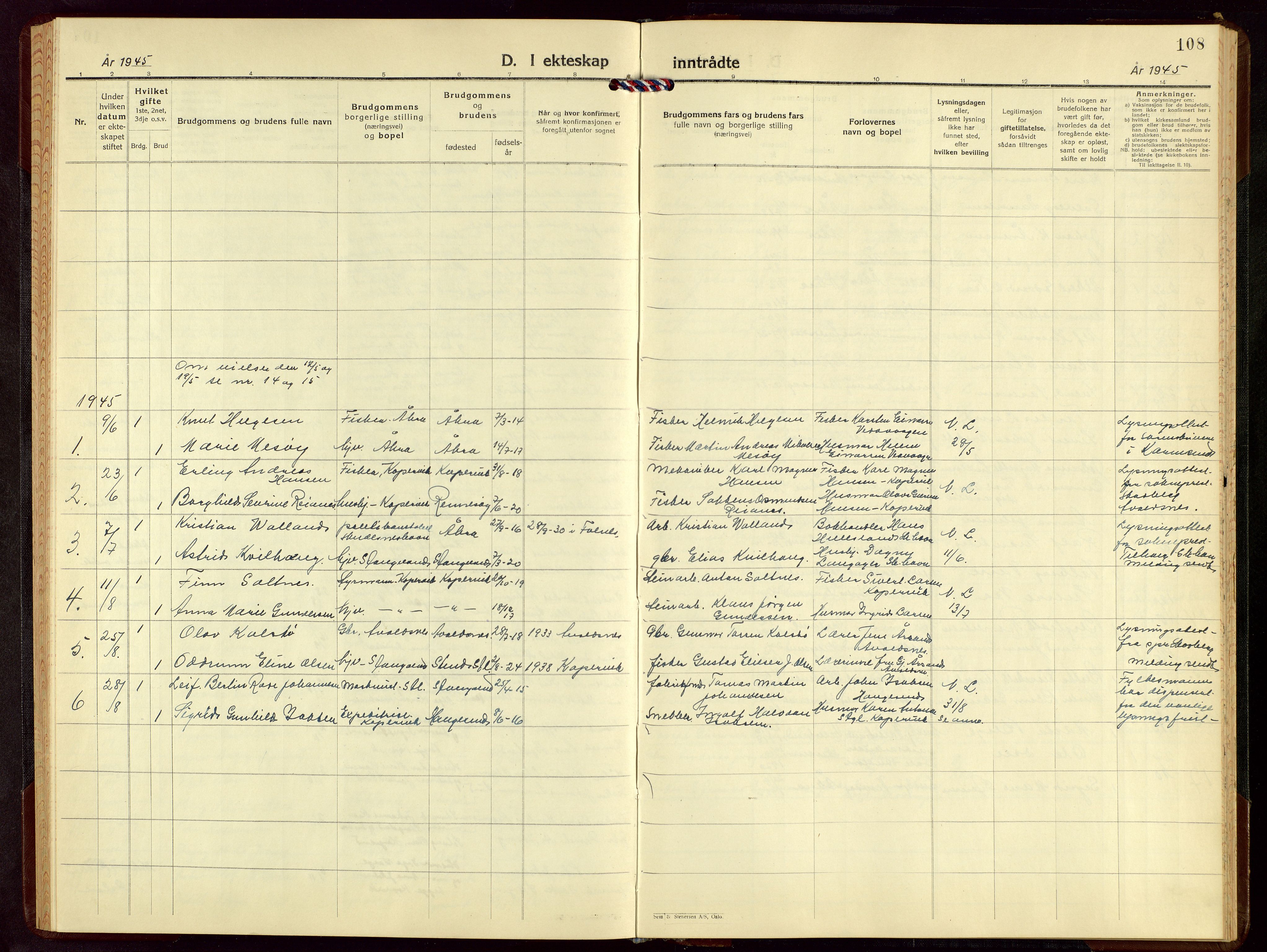 Kopervik sokneprestkontor, AV/SAST-A-101850/H/Ha/Hab/L0009: Parish register (copy) no. B 9, 1942-1952, p. 108