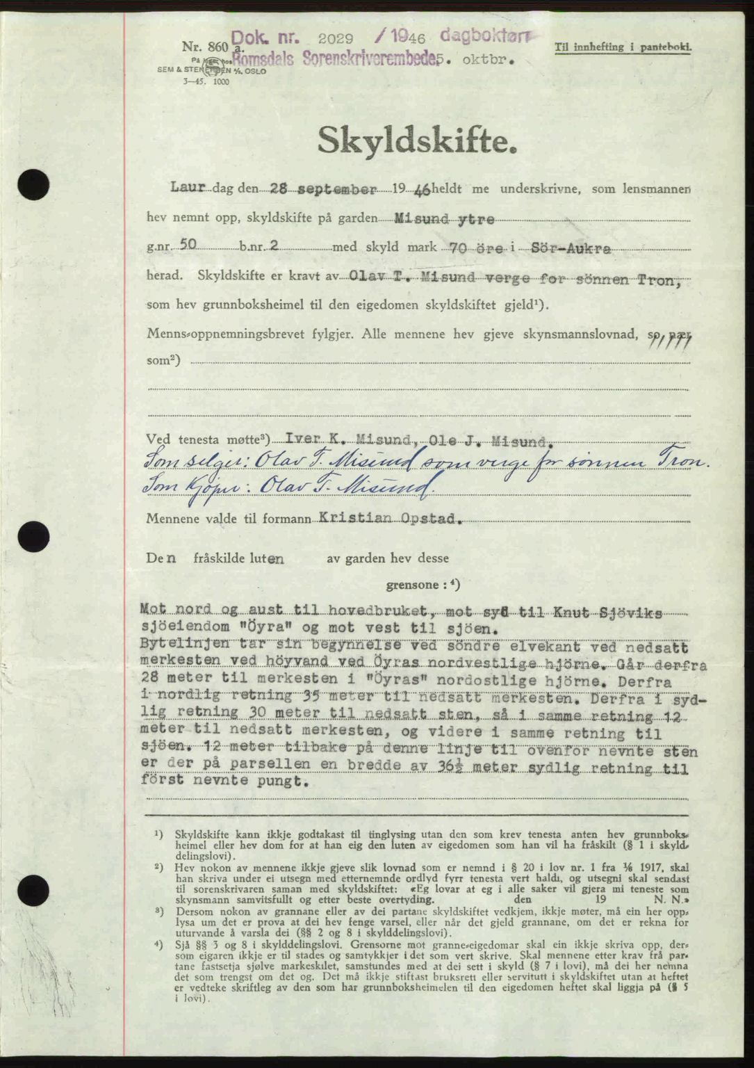 Romsdal sorenskriveri, AV/SAT-A-4149/1/2/2C: Mortgage book no. A21, 1946-1946, Diary no: : 2029/1946