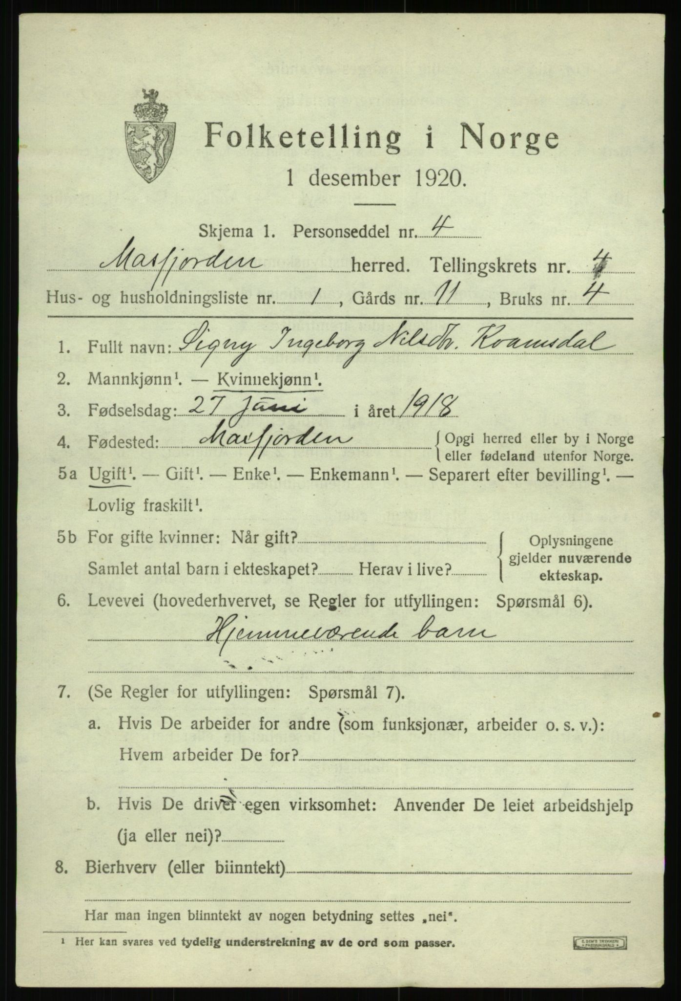 SAB, 1920 census for Masfjorden, 1920, p. 1679