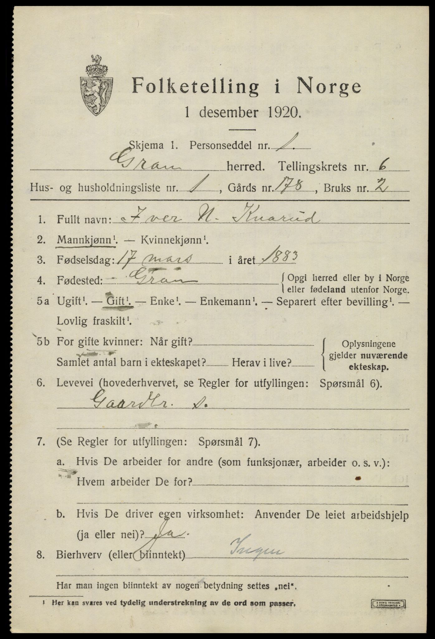 SAH, 1920 census for Gran, 1920, p. 8305