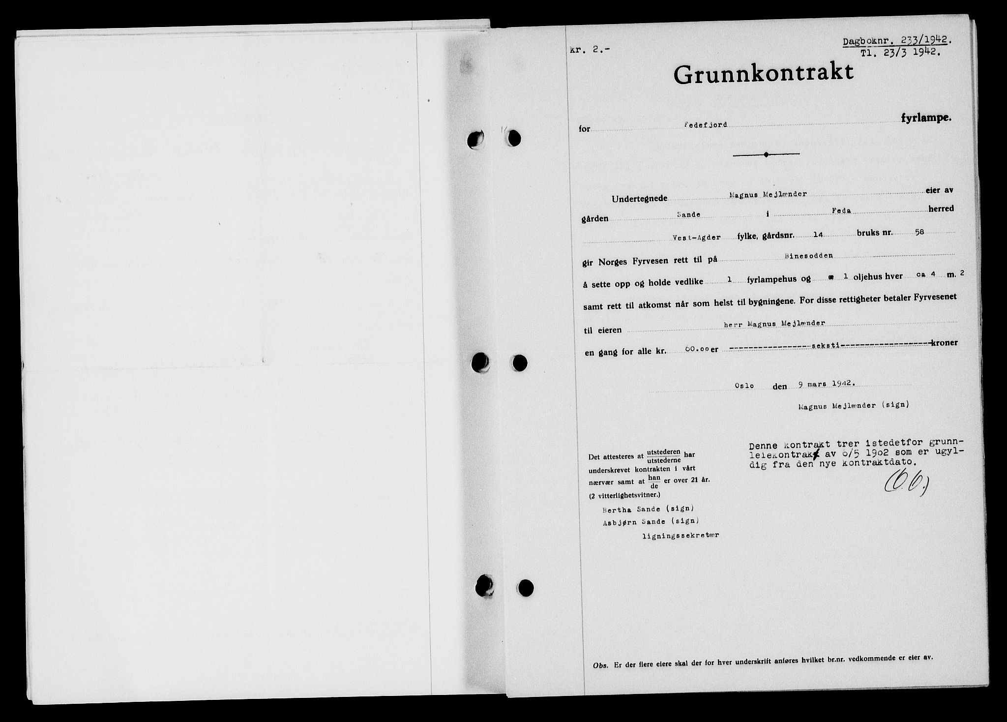 Flekkefjord sorenskriveri, SAK/1221-0001/G/Gb/Gba/L0057: Mortgage book no. A-5, 1941-1942, Diary no: : 233/1942