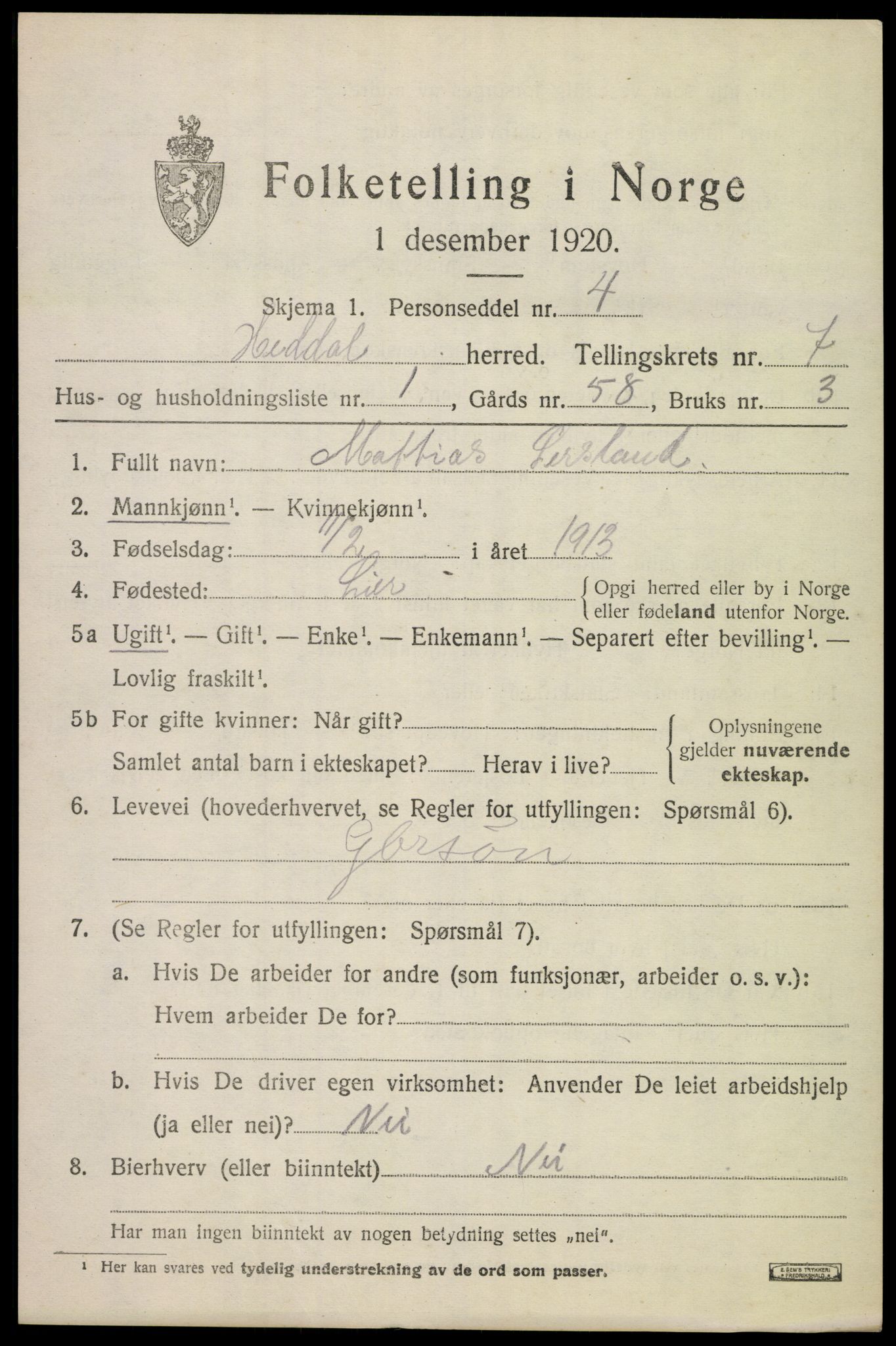 SAKO, 1920 census for Heddal, 1920, p. 5420