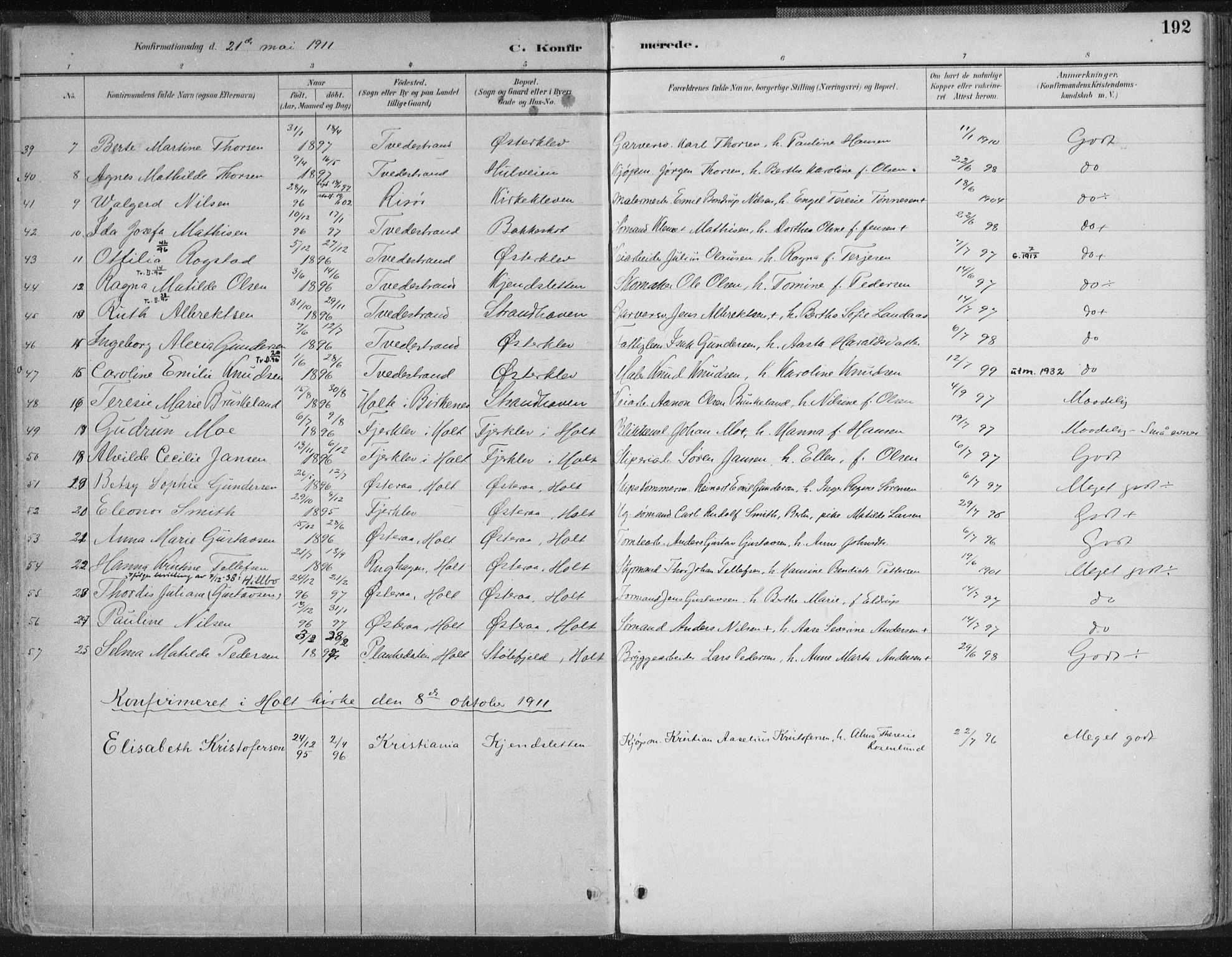 Tvedestrand sokneprestkontor, AV/SAK-1111-0042/F/Fa/L0001: Parish register (official) no. A 1, 1885-1916, p. 192