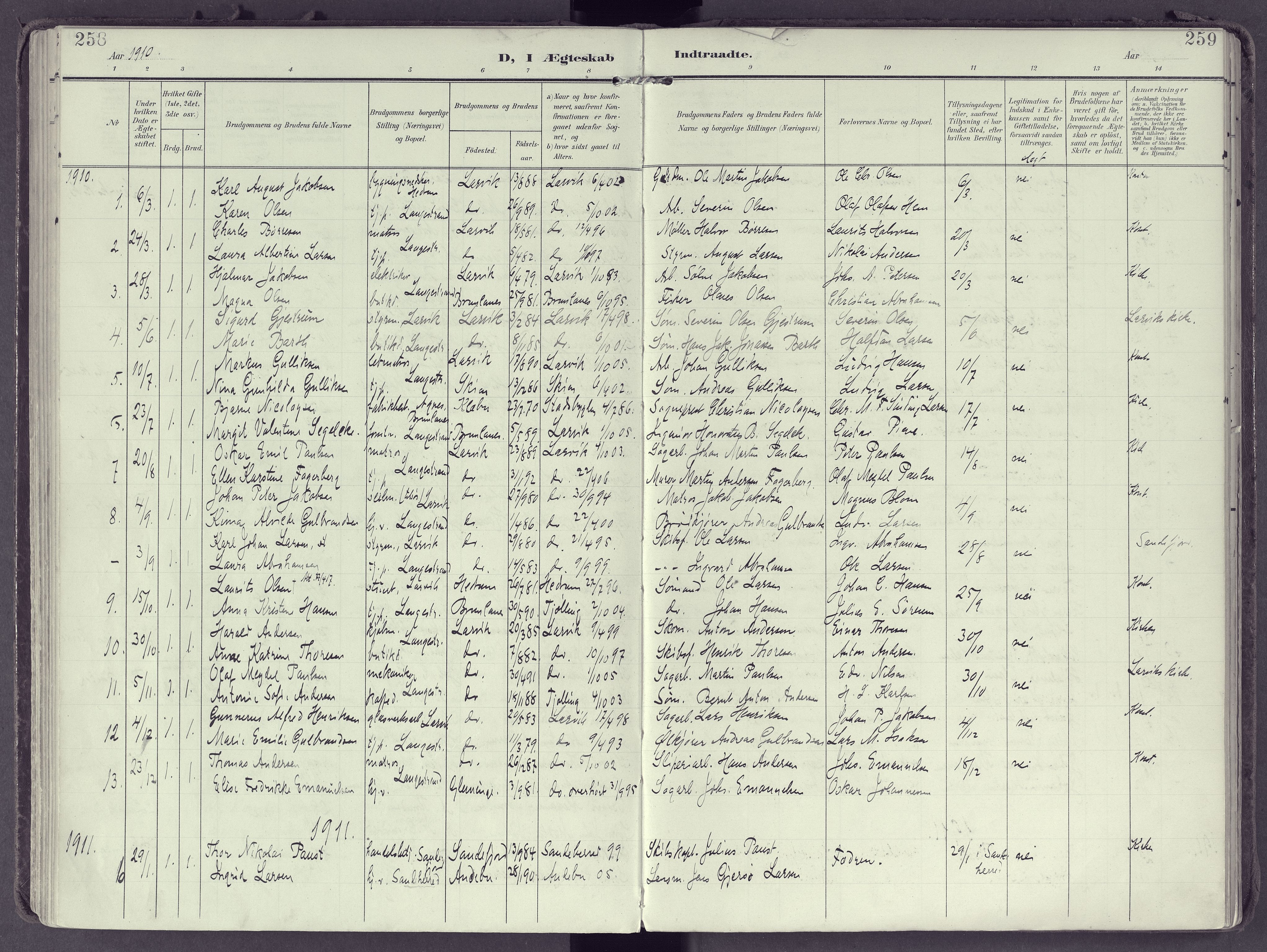 Larvik kirkebøker, SAKO/A-352/F/Fb/L0005: Parish register (official) no. II 5, 1903-1925, p. 258-259