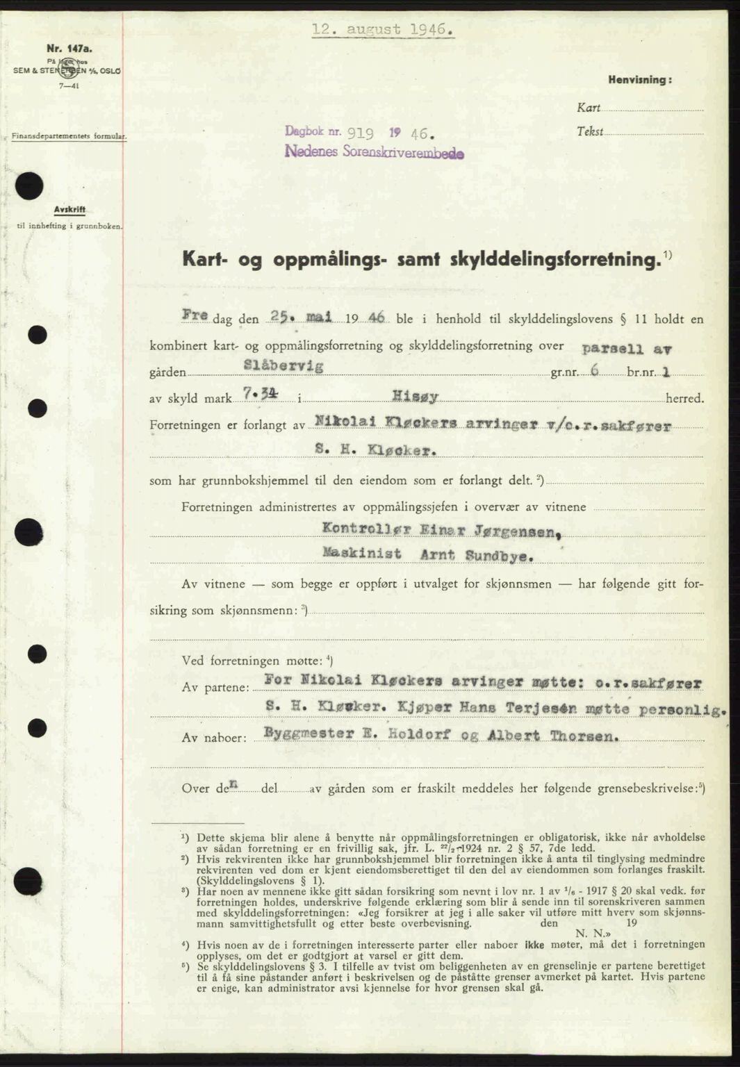 Nedenes sorenskriveri, AV/SAK-1221-0006/G/Gb/Gba/L0055: Mortgage book no. A7, 1946-1946, Diary no: : 919/1946