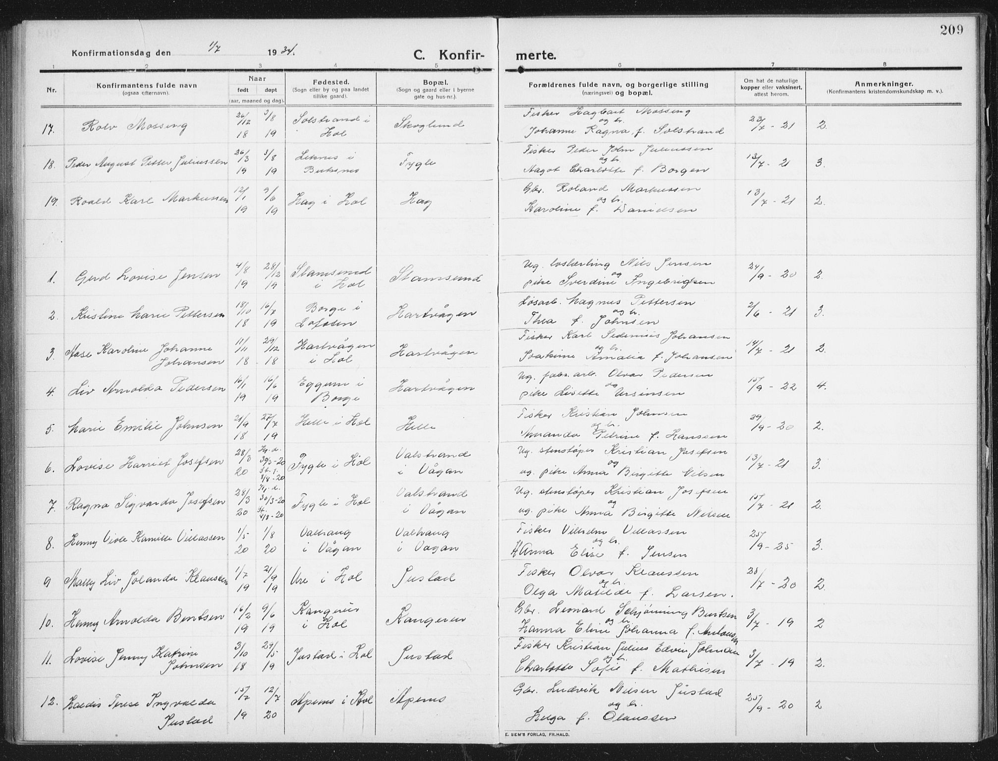 Ministerialprotokoller, klokkerbøker og fødselsregistre - Nordland, AV/SAT-A-1459/882/L1183: Parish register (copy) no. 882C01, 1911-1938, p. 209