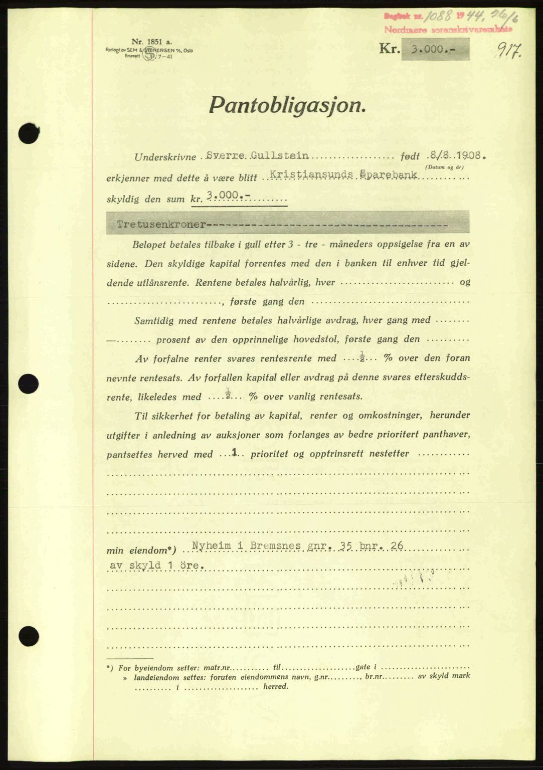 Nordmøre sorenskriveri, AV/SAT-A-4132/1/2/2Ca: Mortgage book no. B91, 1943-1944, Diary no: : 1088/1944