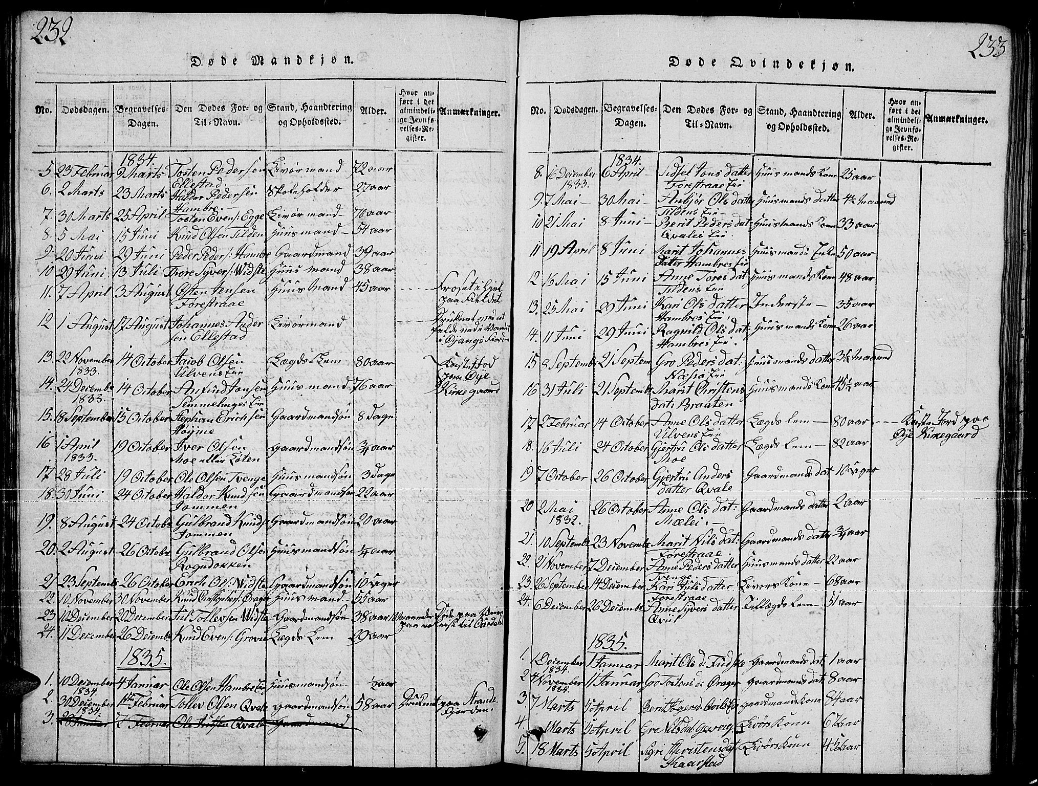 Slidre prestekontor, SAH/PREST-134/H/Ha/Hab/L0001: Parish register (copy) no. 1, 1814-1838, p. 232-233