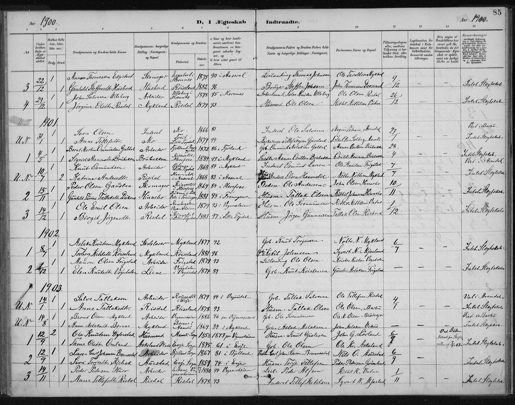 Herefoss sokneprestkontor, SAK/1111-0019/F/Fa/Fac/L0002: Parish register (official) no. A 2, 1887-1915, p. 85