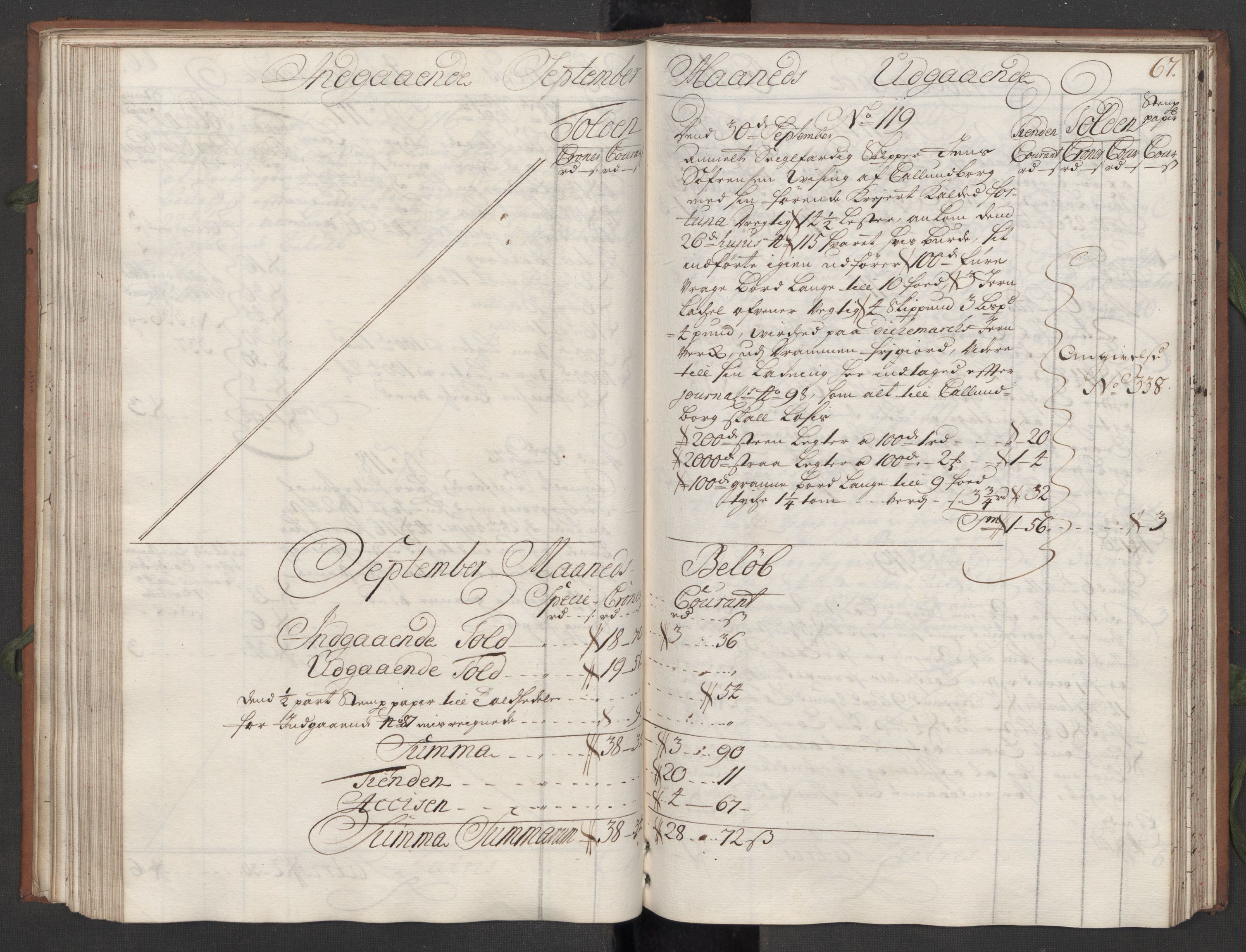 Generaltollkammeret, tollregnskaper, AV/RA-EA-5490/R09/L0008/0001: Tollregnskaper Holmestrand / Hovedtollbok, 1733, p. 66b-67a