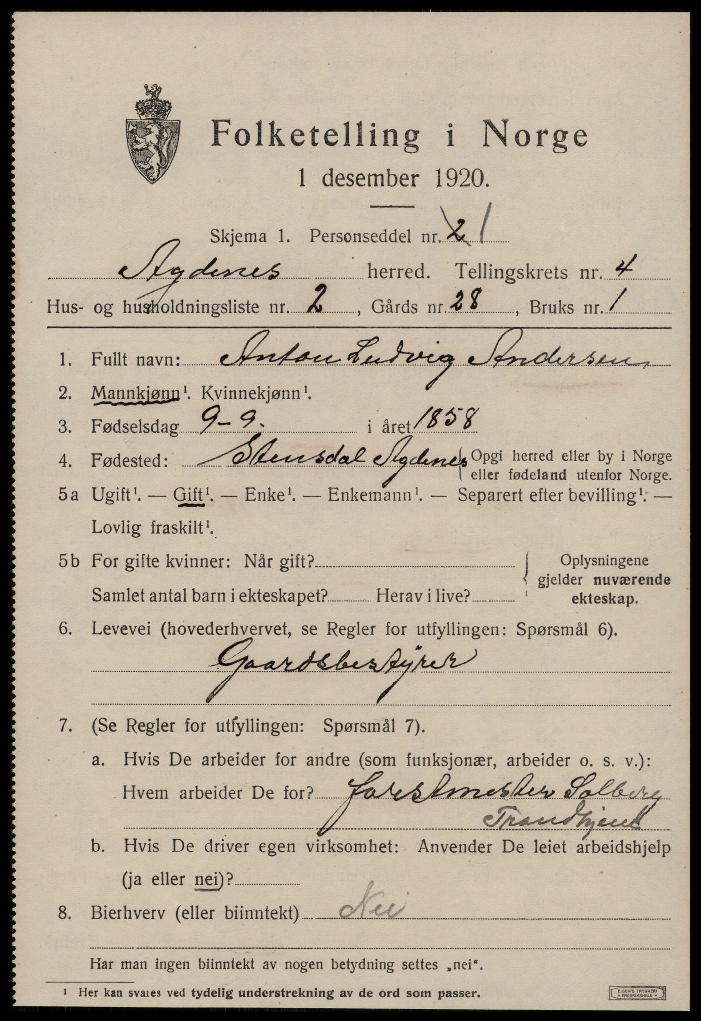 SAT, 1920 census for Agdenes, 1920, p. 2037