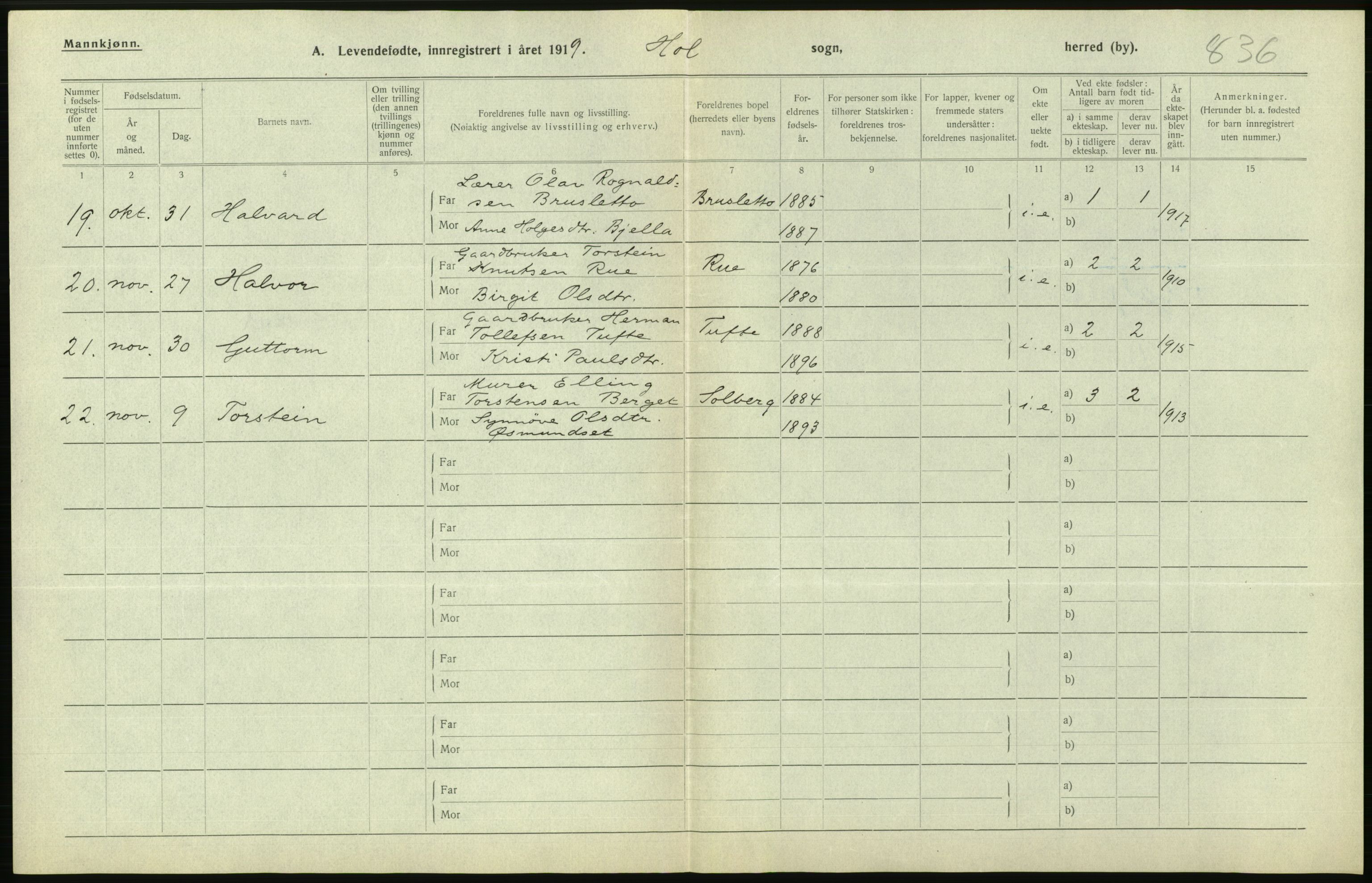 Statistisk sentralbyrå, Sosiodemografiske emner, Befolkning, RA/S-2228/D/Df/Dfb/Dfbi/L0016: Buskerud fylke: Levendefødte menn og kvinner. Bygder., 1919, p. 466