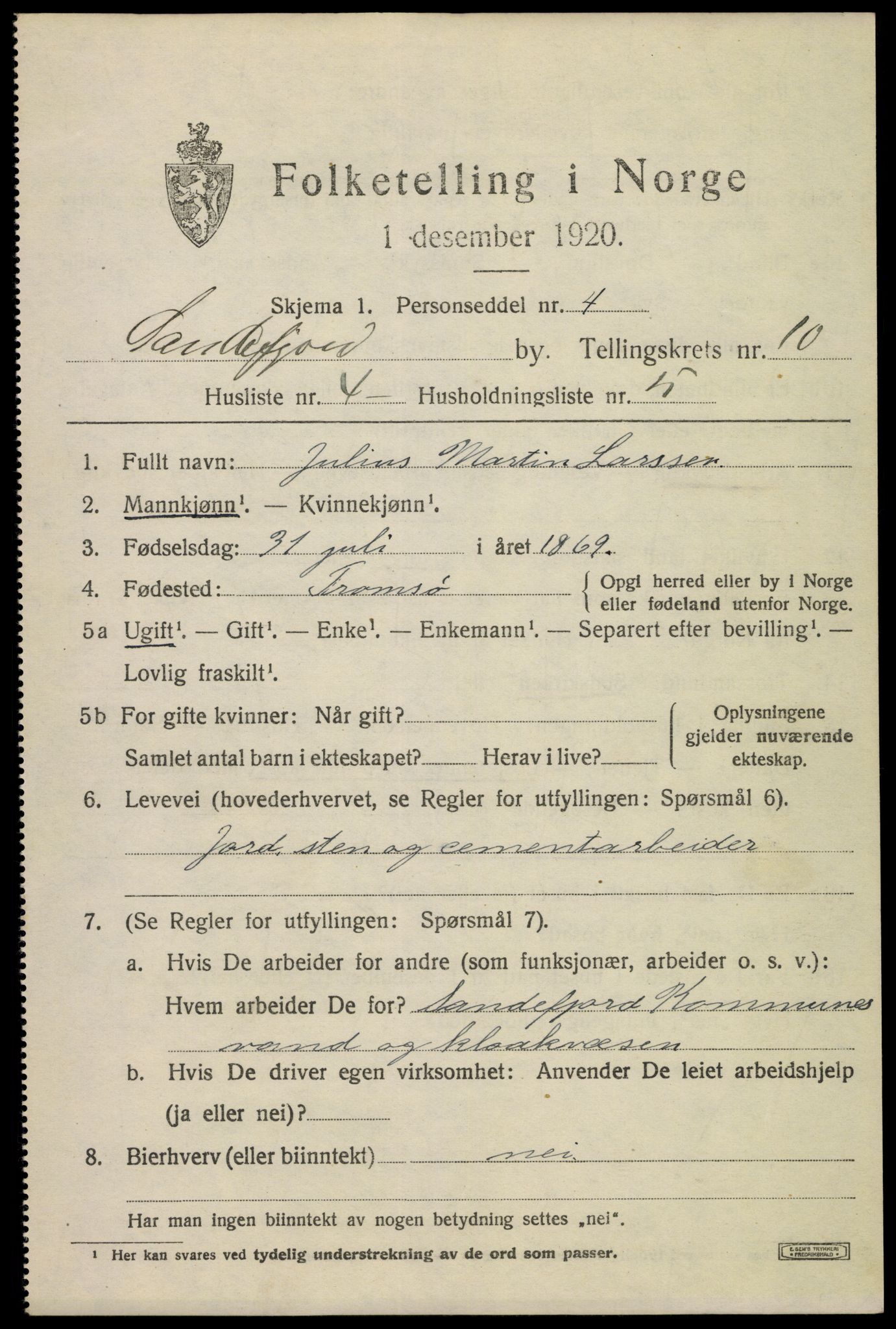 SAKO, 1920 census for Sandefjord, 1920, p. 14162