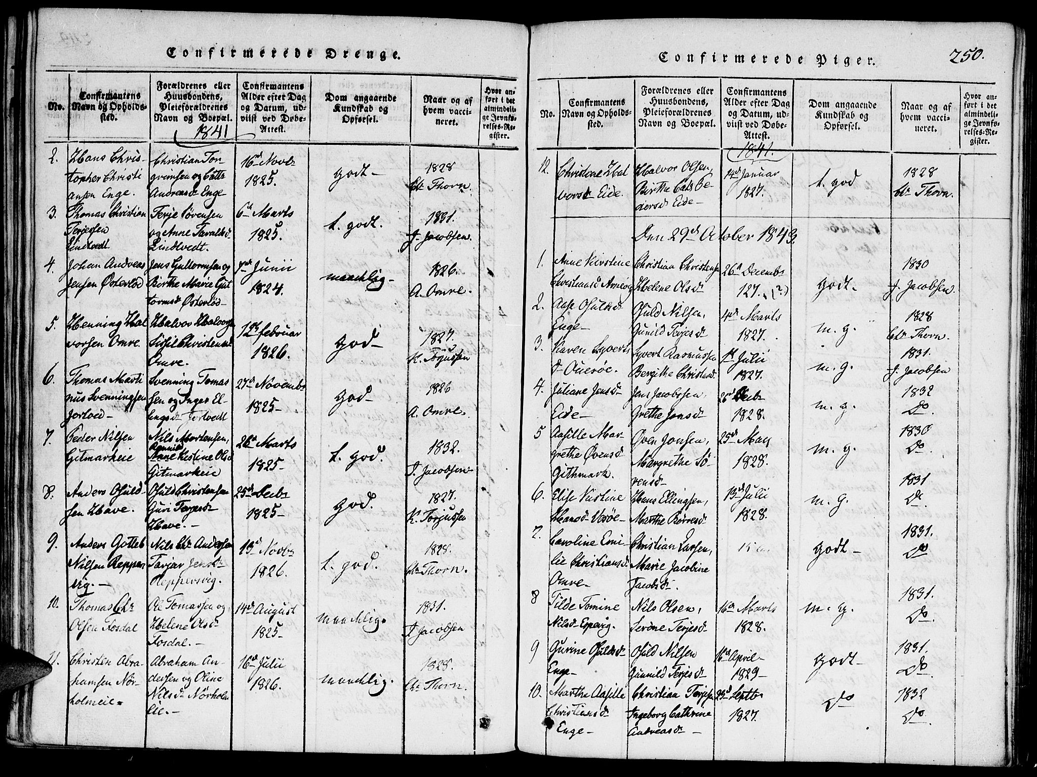 Hommedal sokneprestkontor, SAK/1111-0023/F/Fa/Faa/L0001: Parish register (official) no. A 1, 1816-1860, p. 250