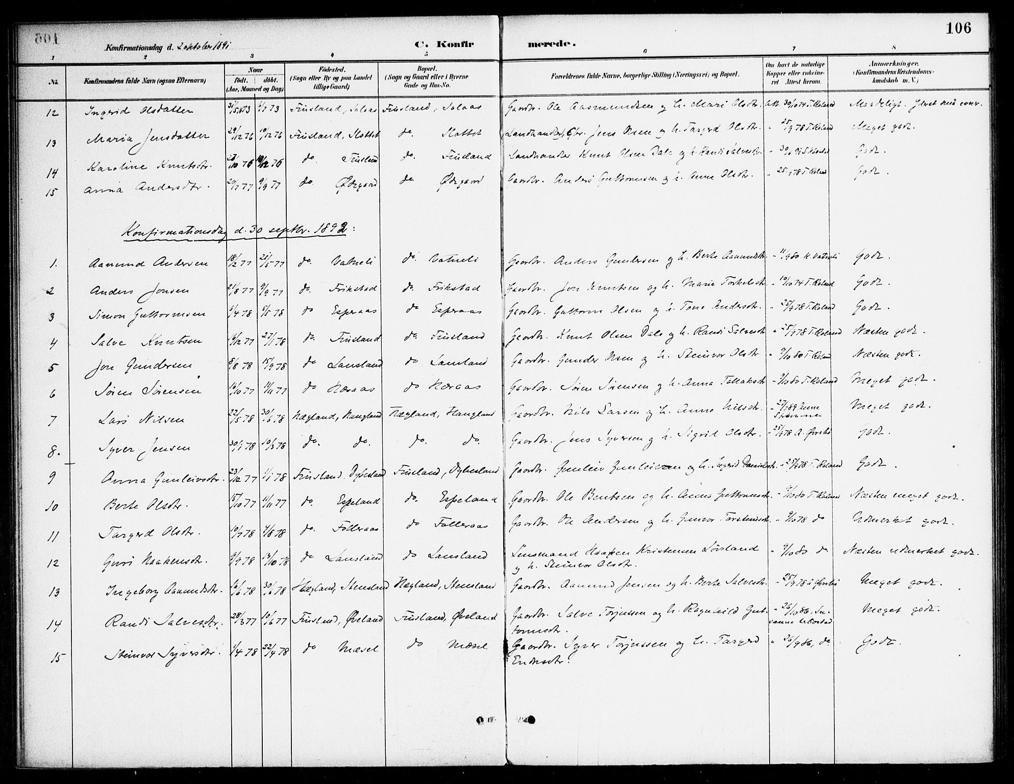 Bjelland sokneprestkontor, SAK/1111-0005/F/Fa/Fab/L0004: Parish register (official) no. A 4, 1887-1920, p. 106