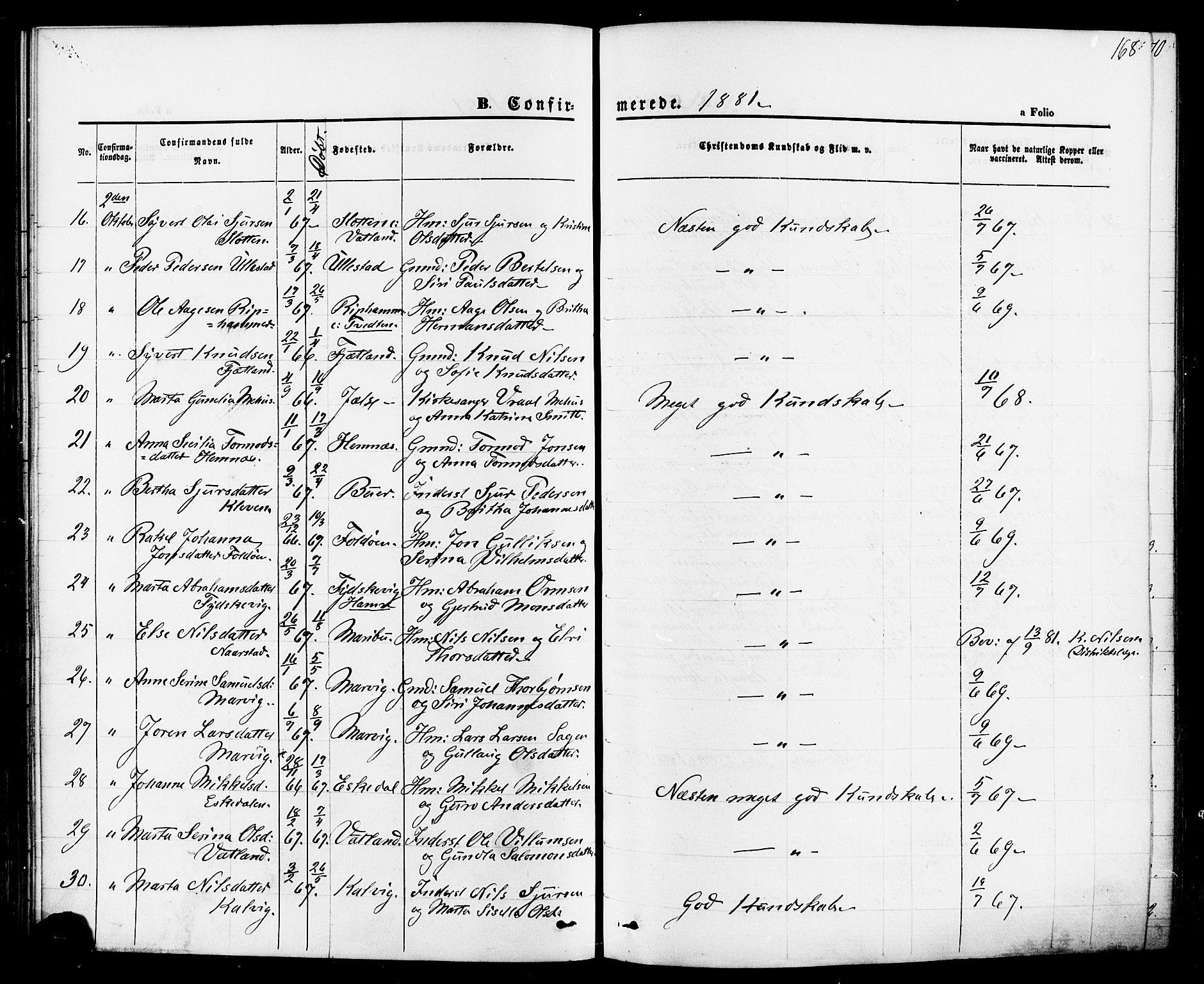 Jelsa sokneprestkontor, AV/SAST-A-101842/01/IV: Parish register (official) no. A 8, 1867-1883, p. 168