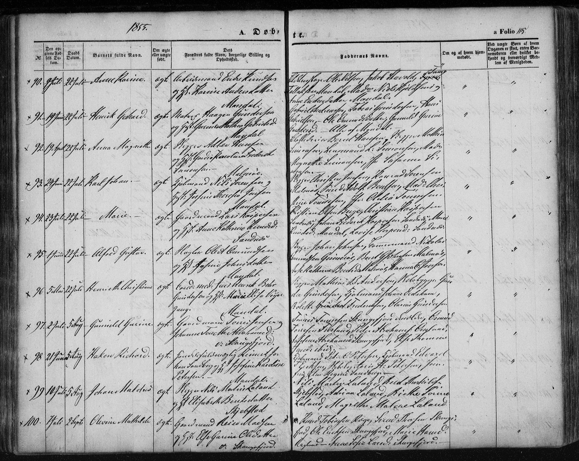 Mandal sokneprestkontor, AV/SAK-1111-0030/F/Fa/Faa/L0013: Parish register (official) no. A 13, 1847-1859, p. 115