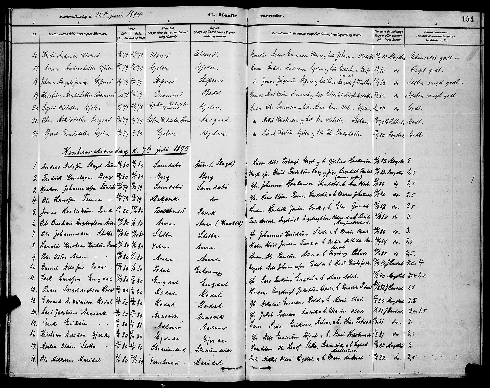 Ministerialprotokoller, klokkerbøker og fødselsregistre - Møre og Romsdal, AV/SAT-A-1454/578/L0909: Parish register (copy) no. 578C02, 1882-1900, p. 154