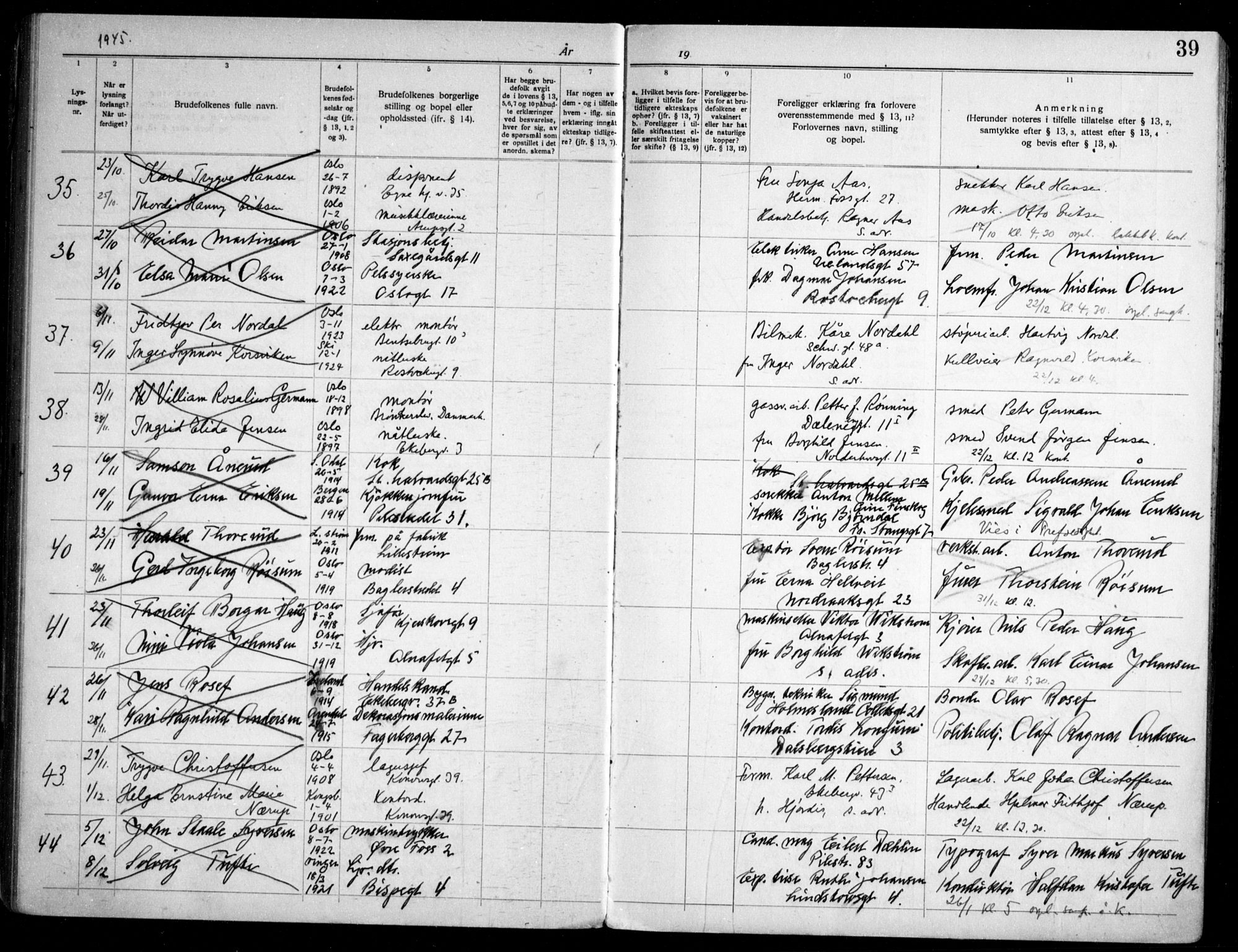 Gamlebyen prestekontor Kirkebøker, AV/SAO-A-10884/H/Ha/L0003: Banns register no. 3, 1936-1959, p. 39